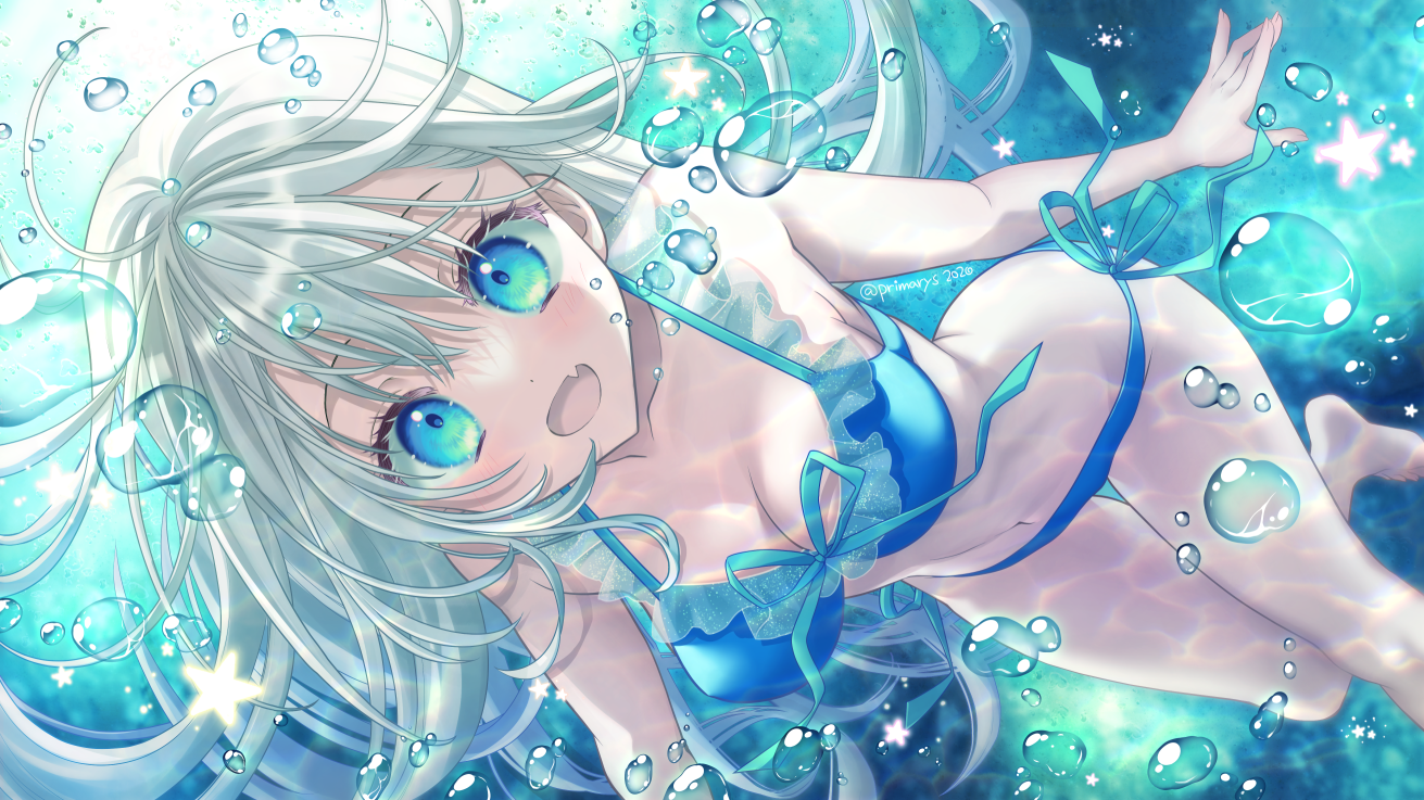 kyuubi mika, original, 1girl, air bubble, bare shoulders, barefoot, bikini, blue bikini, blue eyes, breasts, bubble, cleavage, fang, frilled bikini, frills, front-tie bikini top, front-tie top, grey hair, large breasts, long hair, navel, outstretched arms, side-tie bikini bottom, skin fang, solo, swimming, swimsuit, twitter username, underwater