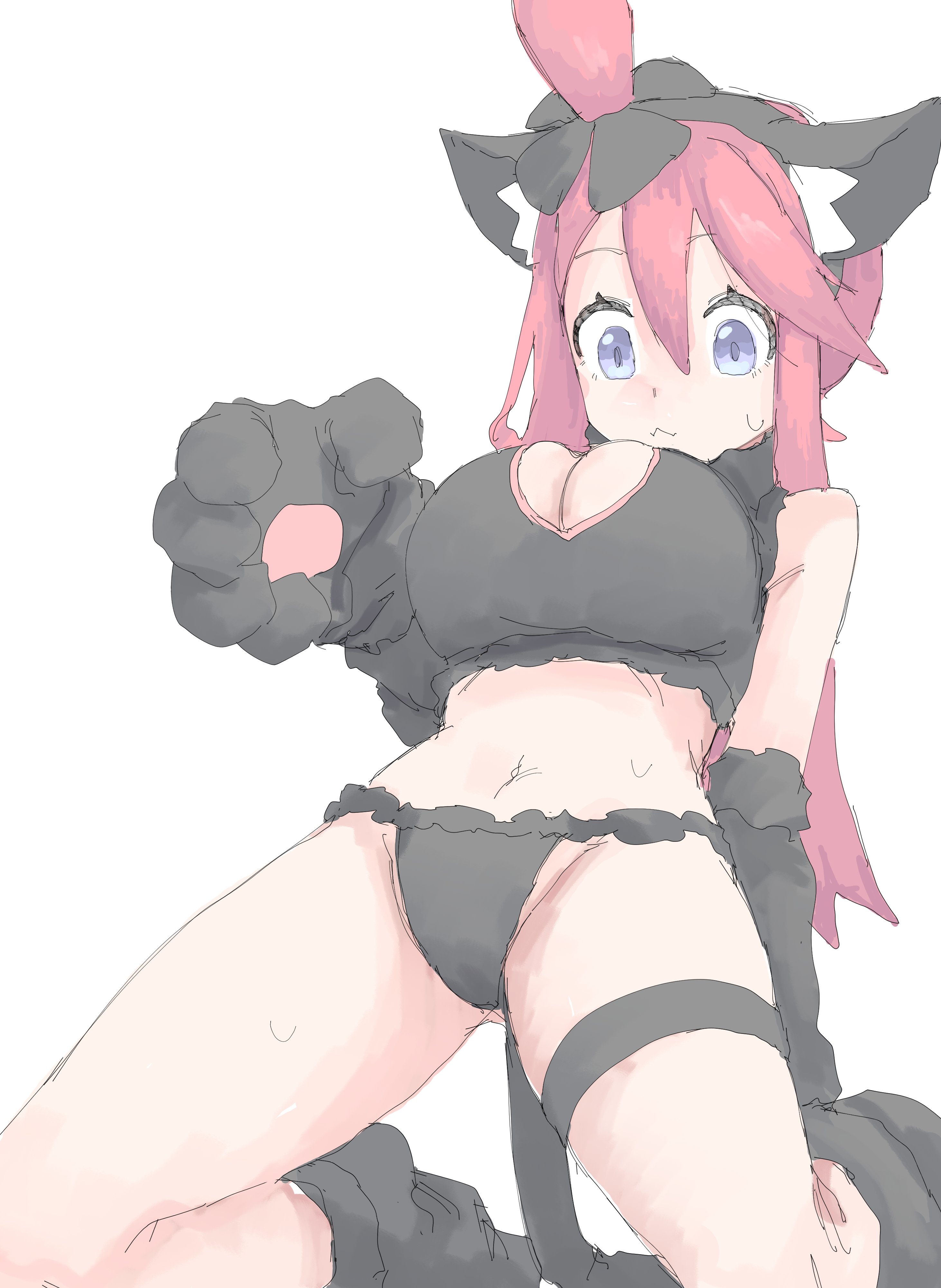 mocamocaink, skyla (pokemon), nintendo, pokemon, pokemon bw, absurdres, highres, 1girl, :<, animal ears, animal hands, black bra, black panties, blue eyes, bra, breasts, cat ears, cat tail, cleavage cutout, clothing cutout, fake animal ears, gloves, hair ornament, hairband, heart cutout, large breasts, long hair, midriff, navel, panties, paw gloves, red hair, simple background, sketch, solo, tail, thigh strap, underwear, underwear only, white background