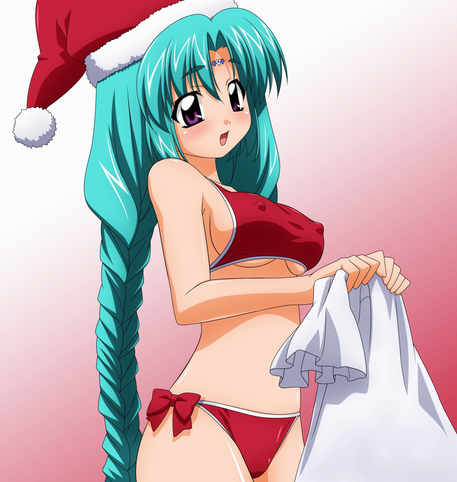 sugimura tomokazu, canal vorfeed, lost universe, highres, 1990s (style), 1girl, braid, breasts, christmas, covered erect nipples, female focus, green hair, hat, long hair, medium breasts, panties, retro artstyle, santa costume, santa hat, solo, striped clothes, striped panties, twin braids, underwear