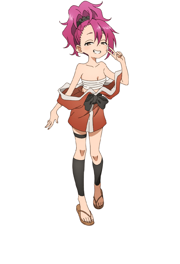 okuda yousuke, azami (kunoichi tsubaki no mune no uchi), kunoichi tsubaki no mune no uchi, official art, 1girl, anime coloring, bare shoulders, black bow, black sash, black scrunchie, bow, breasts, brown eyes, brown kimono, chest sarashi, collarbone, full body, hair between eyes, hair ornament, hair scrunchie, half-closed eyes, japanese clothes, kimono, looking at viewer, ninja, open clothes, open hand, open kimono, open mouth, outstretched arms, pink hair, ponytail, sarashi, sash, scrunchie, short hair, short kimono, simple background, smile, solo, standing, tachi-e, teeth, thigh strap, transparent background, v, waraji
