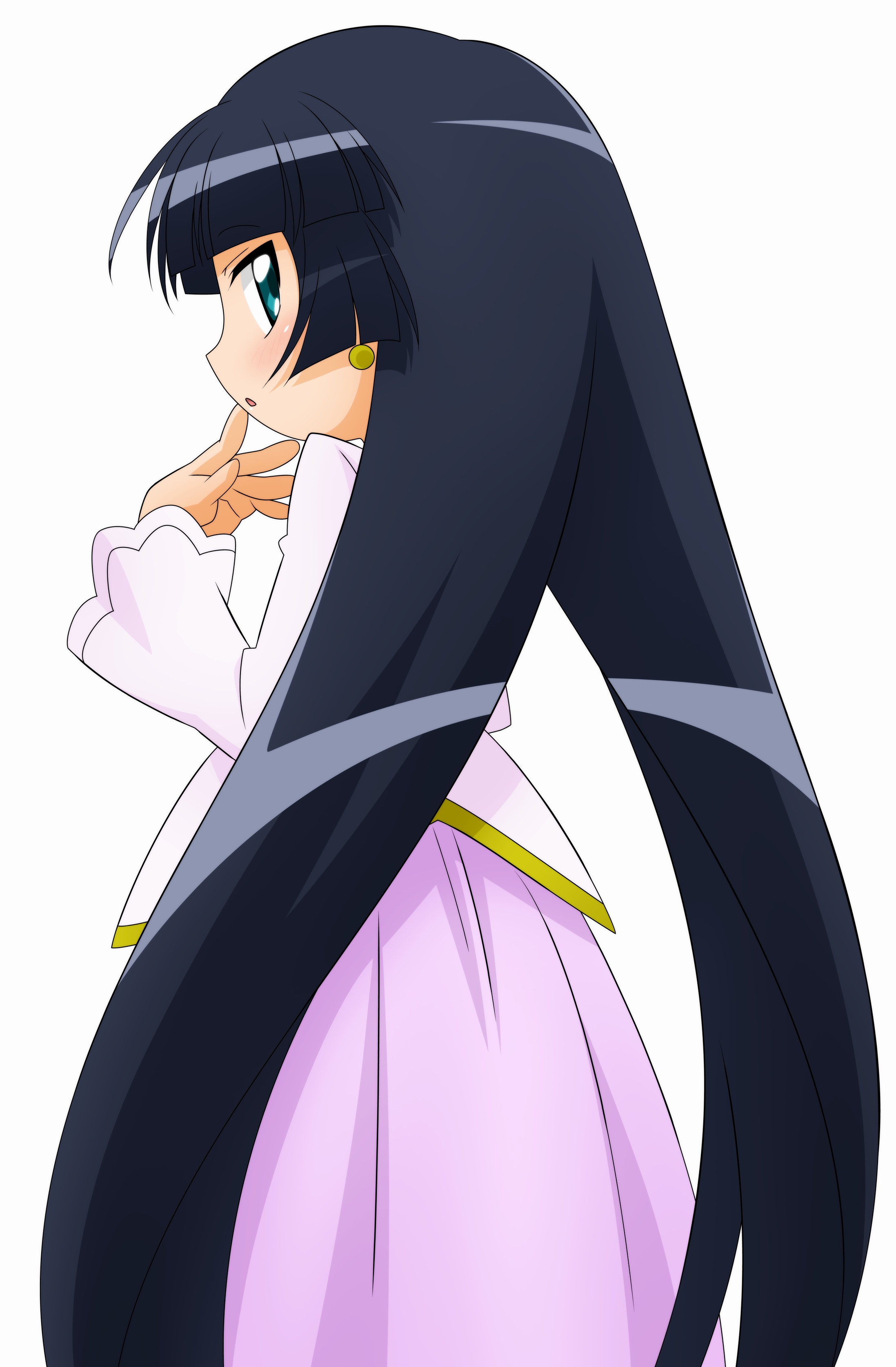 sugimura tomokazu, elizabetta, fushigiboshi no futago hime, fushigiboshi no futago hime gyu, absurdres, highres, 00s, 1girl, aqua eyes, blue hair, blush, earrings, female focus, from behind, green eyes, jewelry, long hair, looking back, open mouth, simple background, solo, twintails, very long hair