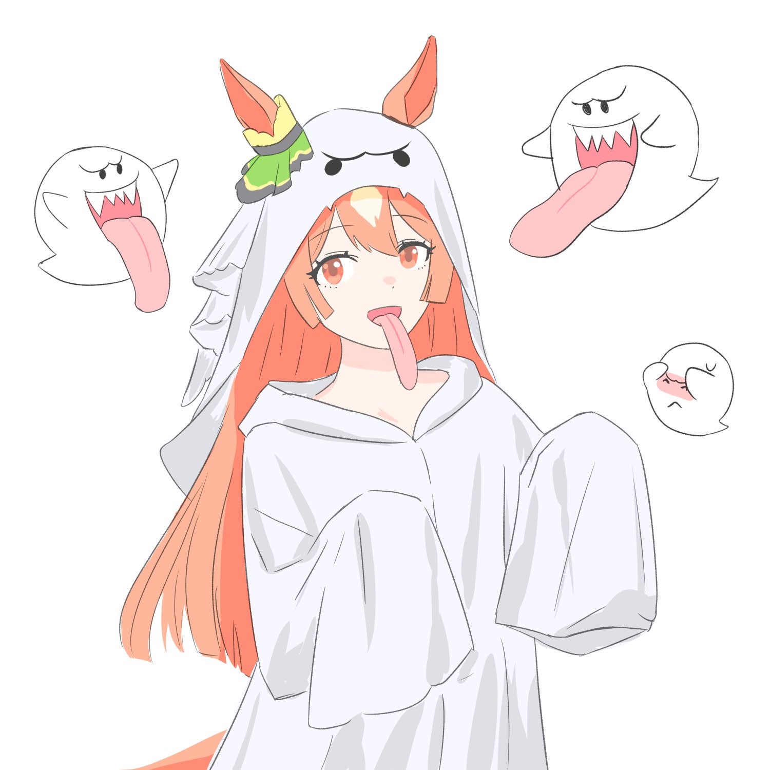 smiling lime, boo (mario), satono diamond (umamusume), mario (series), nintendo, umamusume, commentary request, highres, 1girl, animal ears, blonde hair, boo (mario) (cosplay), cosplay, ear ornament, ears through headwear, freaky satono diamond (meme), ghost, ghost costume, hood, hood down, horse ears, horse girl, horse tail, long hair, long tongue, looking at viewer, meme, multicolored hair, open mouth, orange eyes, orange hair, sleeves past fingers, sleeves past wrists, smile, tail, tongue, tongue out, veil