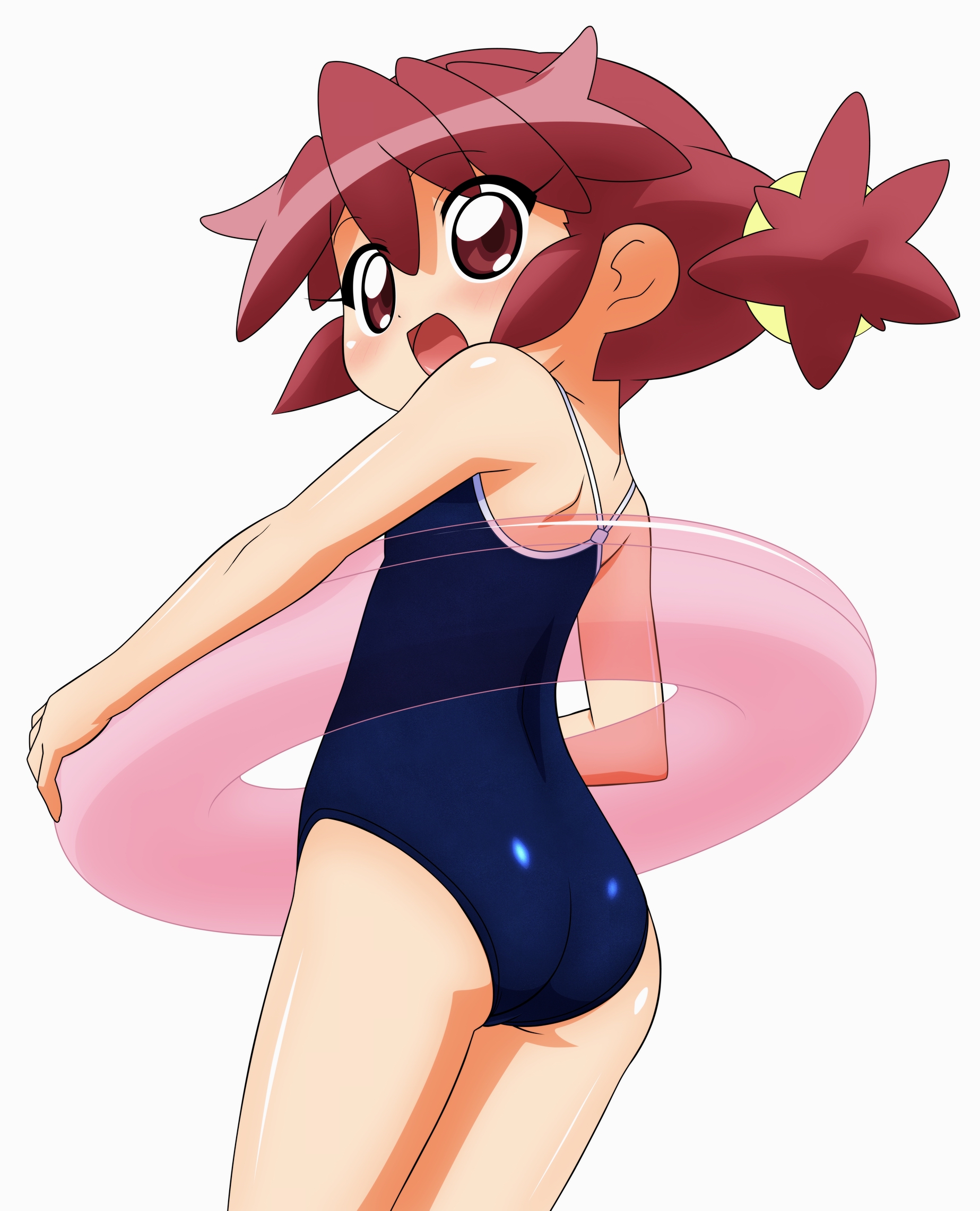 sugimura tomokazu, fine (futagohime), fushigiboshi no futago hime, highres, 00s, 1girl, ass, competition school swimsuit, female focus, from behind, innertube, loli, looking back, muzugi, one-piece swimsuit, open mouth, school swimsuit, solo, swim ring, swimsuit, twintails