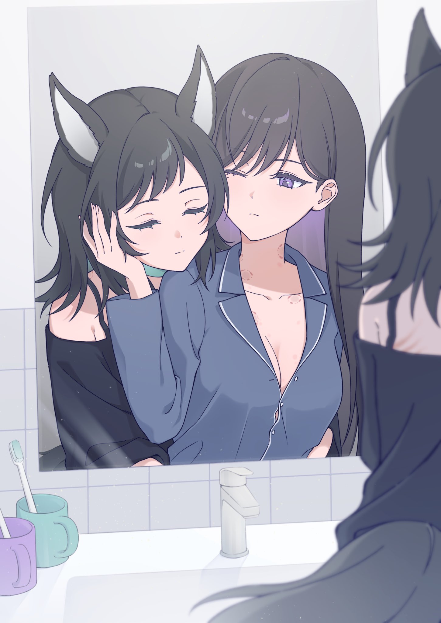 zizoumiao, shiina taki, yahata umiri, bang dream!, bang dream! it's mygo!!!!!, commentary, highres, 2girls, animal ears, aqua choker, bite mark, bite mark on neck, black hair, black shirt, blue shirt, breasts, choker, cleavage, closed eyes, collarbone, long hair, medium hair, mirror, mole, mole under eye, multiple girls, pajamas, purple eyes, shirt, tail, wolf ears, wolf girl, wolf tail, yuri