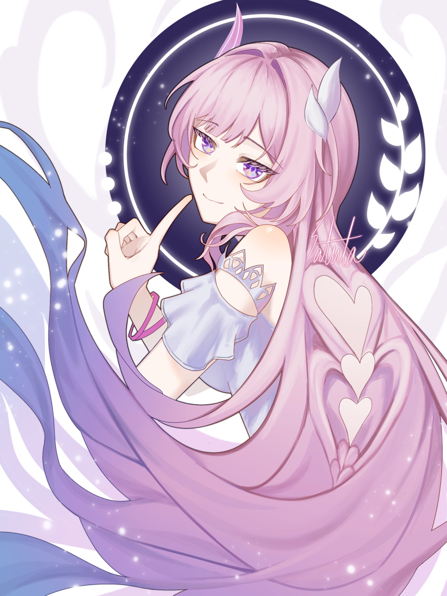 cyrene (honkai: star rail), cyrene (ripples of past reverie) (honkai: star rail), honkai: star rail, honkai (series), commentary request, highres, 1girl, bare shoulders, blue hair, breasts, diamond-shaped pupils, diamond (shape), dress, from side, hair ornament, halo, large breasts, long hair, looking at viewer, multicolored hair, pink hair, purple eyes, satsuta3, smile, solo, symbol-shaped pupils, two-tone hair, very long hair, white dress
