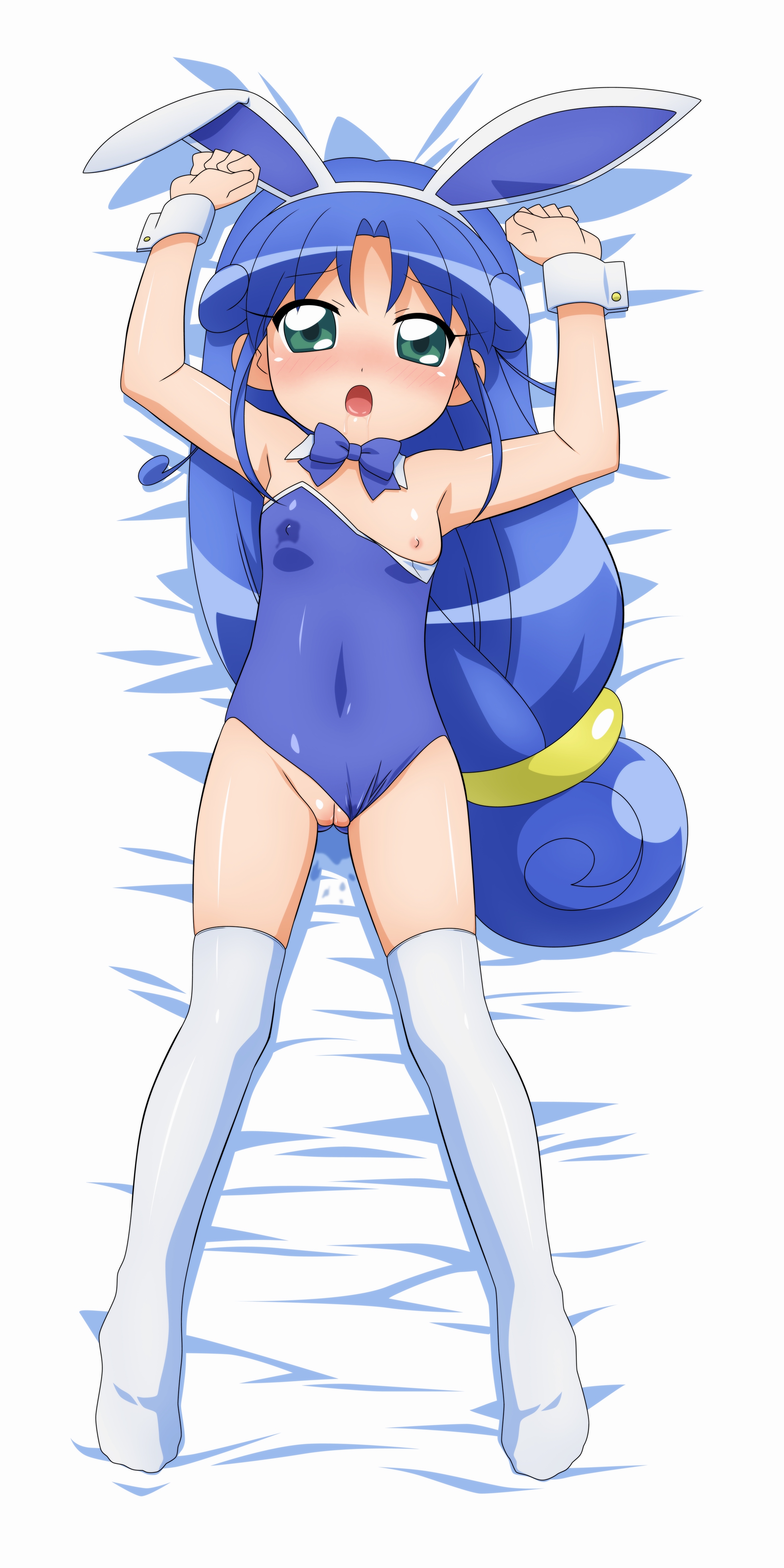 sugimura tomokazu, rein (futagohime), fushigiboshi no futago hime, absurdres, highres, non-web source, 00s, 1girl, bed, blue hair, cleft of venus, female focus, flat chest, green eyes, loli, long hair, nipple slip, nipples, pussy, solo, the bed, thighhighs