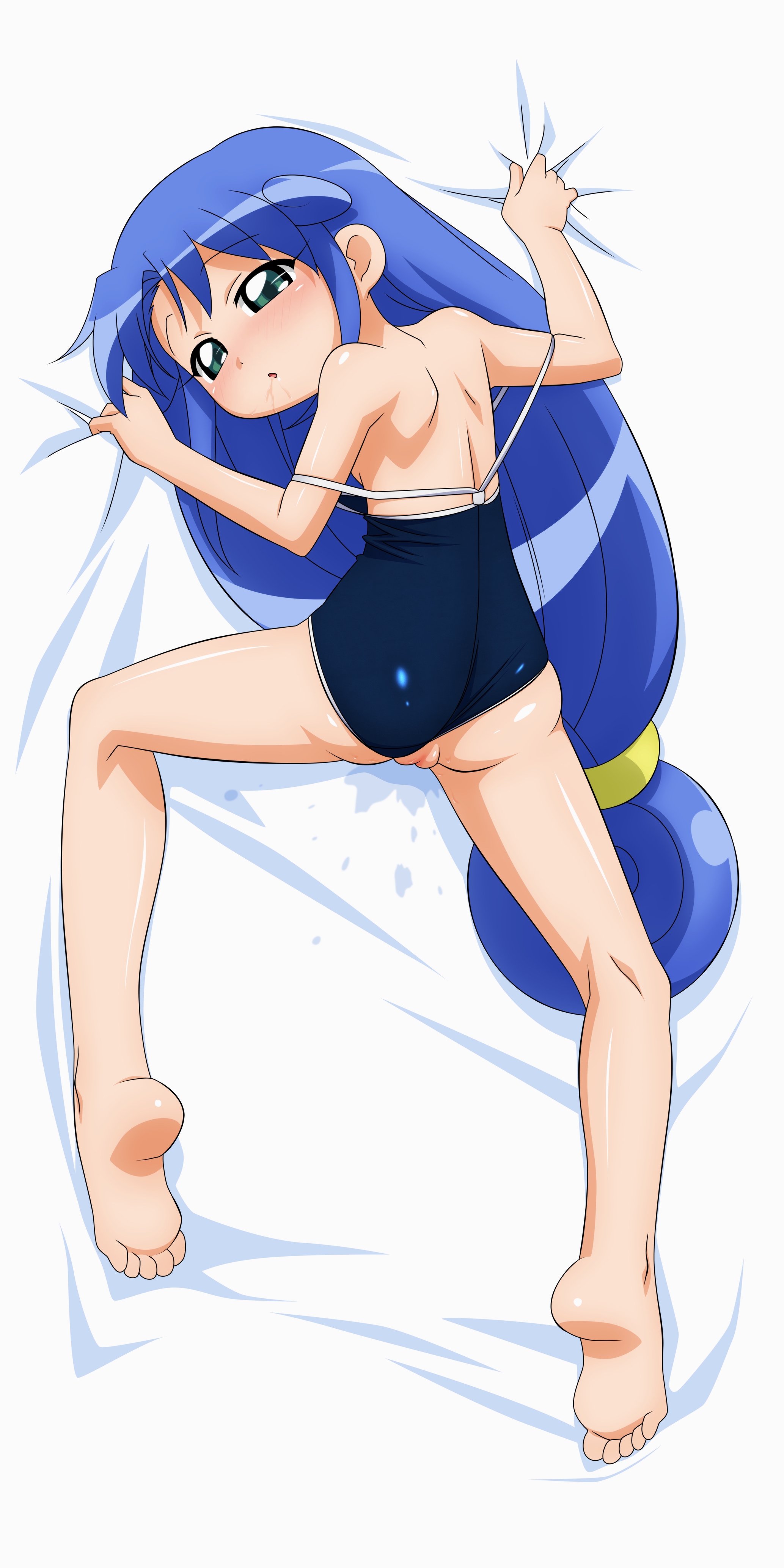 sugimura tomokazu, rein (futagohime), fushigiboshi no futago hime, absurdres, highres, non-web source, 00s, 1girl, barefoot, bed, blue hair, cleft of venus, clothing aside, competition school swimsuit, feet, female focus, green eyes, loli, long hair, one-piece swimsuit, pussy, school swimsuit, soles, solo, swimsuit, swimsuit aside, the bed