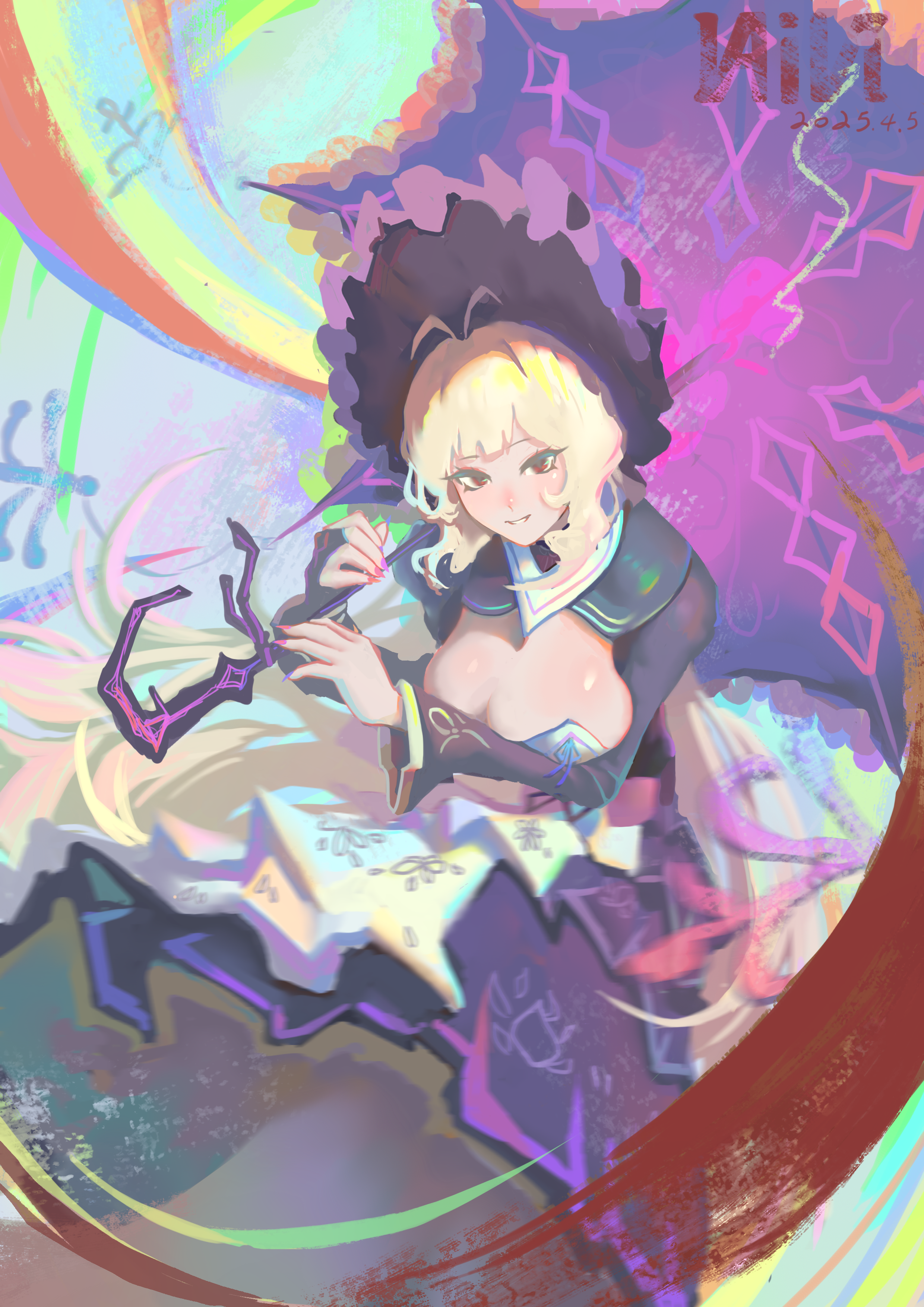 dulcinea (project moon), limbus company, project moon, absurdres, highres, 1girl, antenna hair, black dress, blonde hair, blue background, bonnet, breasts, cleavage, dress, frilled umbrella, frills, holding, holding umbrella, large breasts, long hair, looking at viewer, purple bonnet, purple nails, purple umbrella, red eyes, simple background, sitting, solo, umbrella, upper body, vaivi