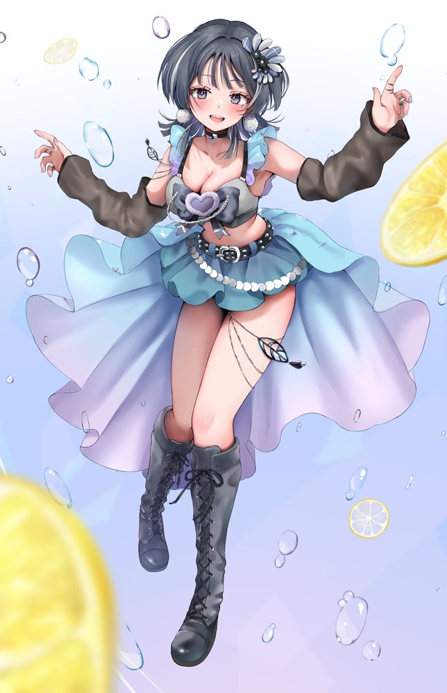 narushima kanna, indie virtual youtuber, commentary, 1girl, belt, black belt, black boots, black choker, black eyes, black hair, black sleeves, blue skirt, blush, boots, breasts, choker, cleavage, collarbone, crop top, detached sleeves, food, fruit, full body, hair ornament, hands up, large breasts, lemon, lemon slice, long sleeves, looking at viewer, medium hair, minami pakuchi, open mouth, skirt, smile, solo, thighs, virtual youtuber, water drop
