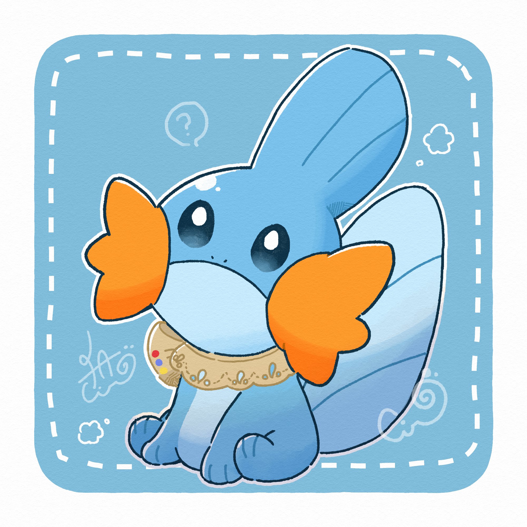 cirno303, mudkip, nintendo, pokemon, highres, ?, black eyes, blue background, border, closed mouth, full body, gen 3 pokemon, neck ribbon, no humans, pokemon (creature), ribbon, simple background, solo, white border