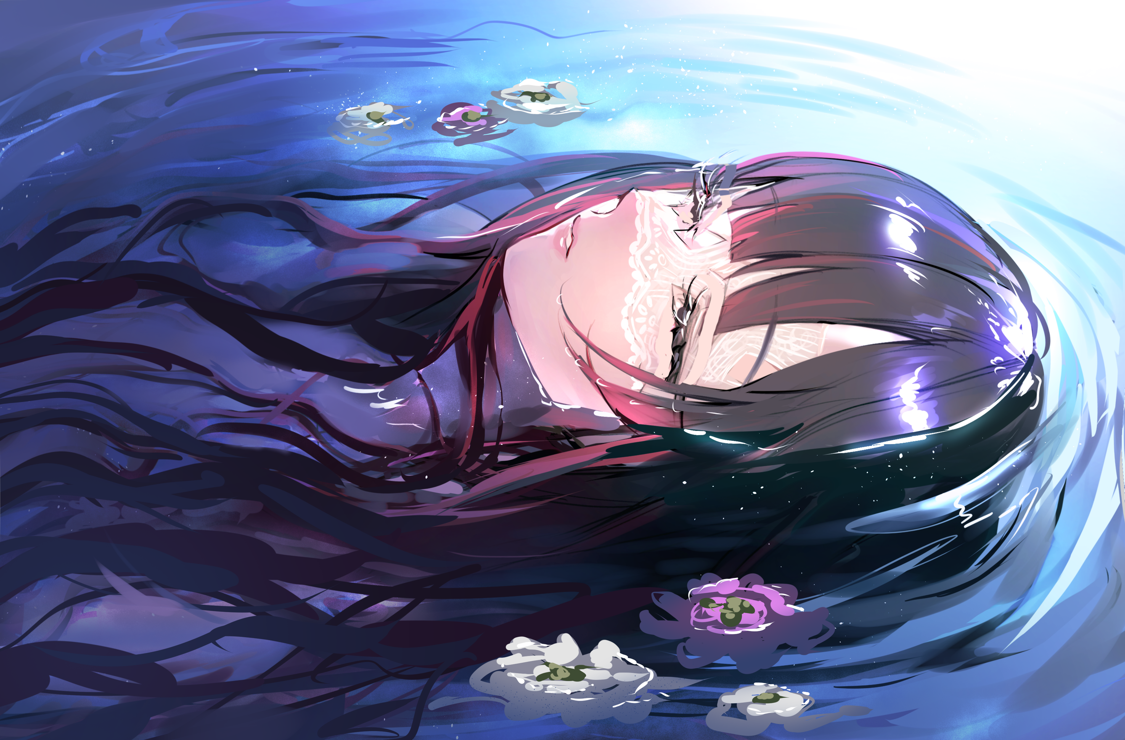 li nauu, columbina (genshin impact), genshin impact, absurdres, commentary, english commentary, highres, unfinished, 1girl, blindfold, blunt bangs, closed eyes, closed mouth, floating, flower, from side, gradient hair, hair down, long hair, long sleeves, lying, lying on water, moonlight, multicolored hair, on back, on water, pink lips, purple hair, ripples, shade, solo, water