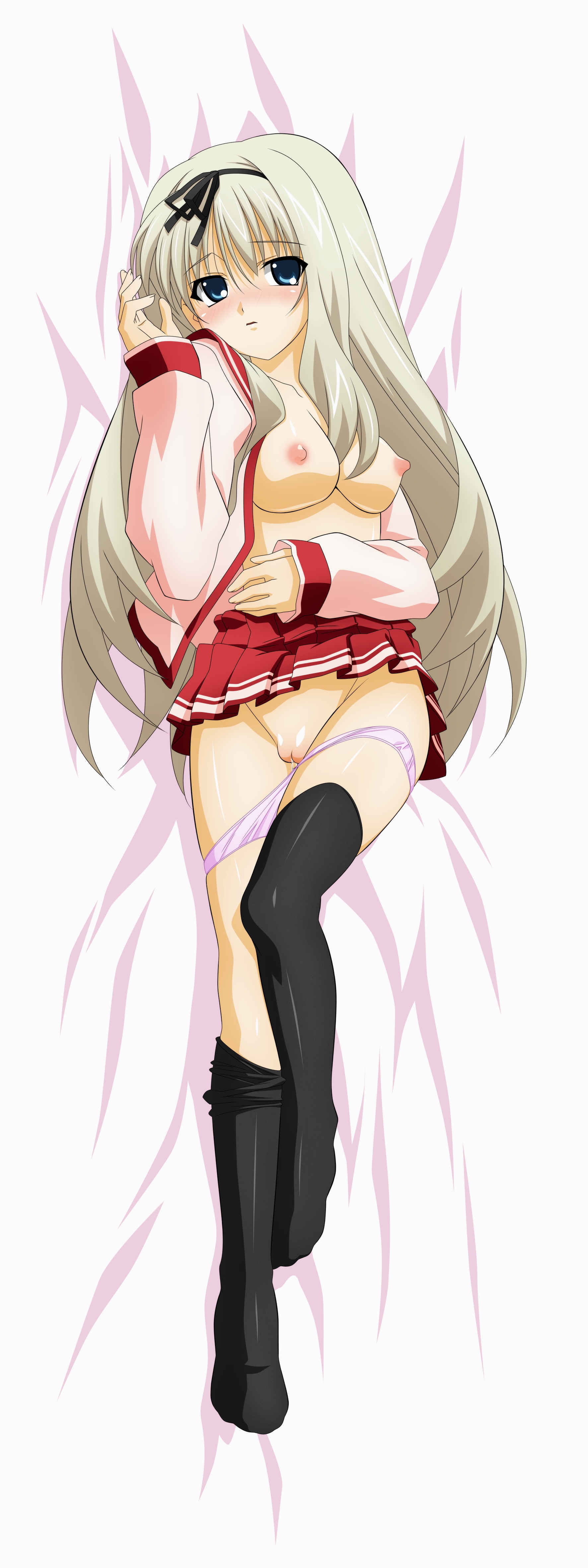 sugimura tomokazu, kusugawa sasara, aquaplus, to heart, to heart (series), to heart 2, silver hair, absurdres, highres, long image, non-web source, tall image, 00s, 1girl, blonde hair, breasts, cleft of venus, dakimakura (medium), female focus, hair ribbon, large breasts, nipples, open clothes, open shirt, panties, panty pull, pink panties, pussy, pussy juice, pussy juice trail, ribbon, school uniform, serafuku, shirt, skirt, solo, thighhighs, uncensored, underwear