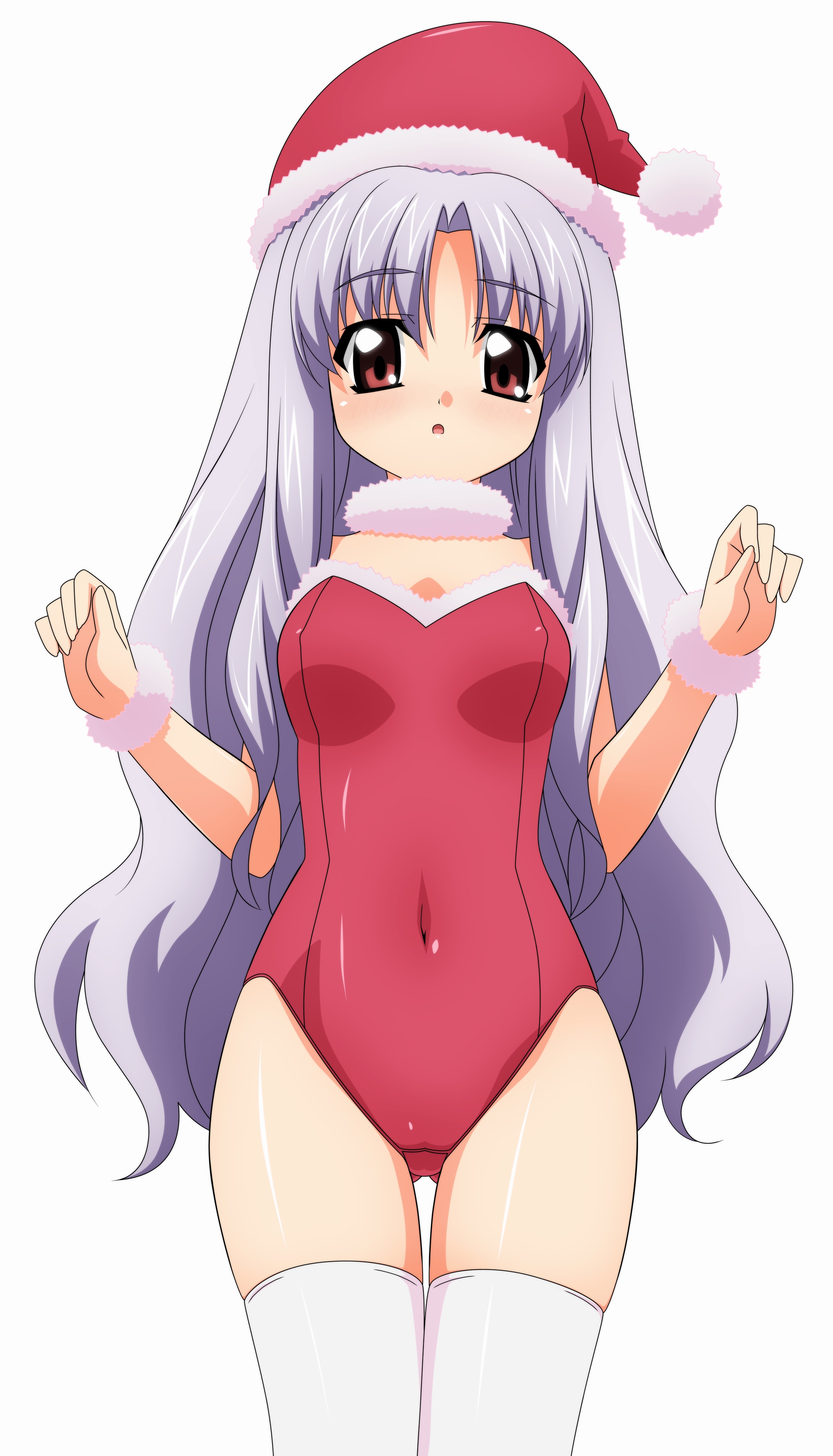 sugimura tomokazu, azmaria hendric, chrno crusade, absurdres, highres, non-web source, 1girl, breasts, christmas, covered erect nipples, female focus, leotard, looking at viewer, medium breasts, open mouth, purple hair, red eyes, red leotard, santa costume, simple background, solo, thighhighs, white background