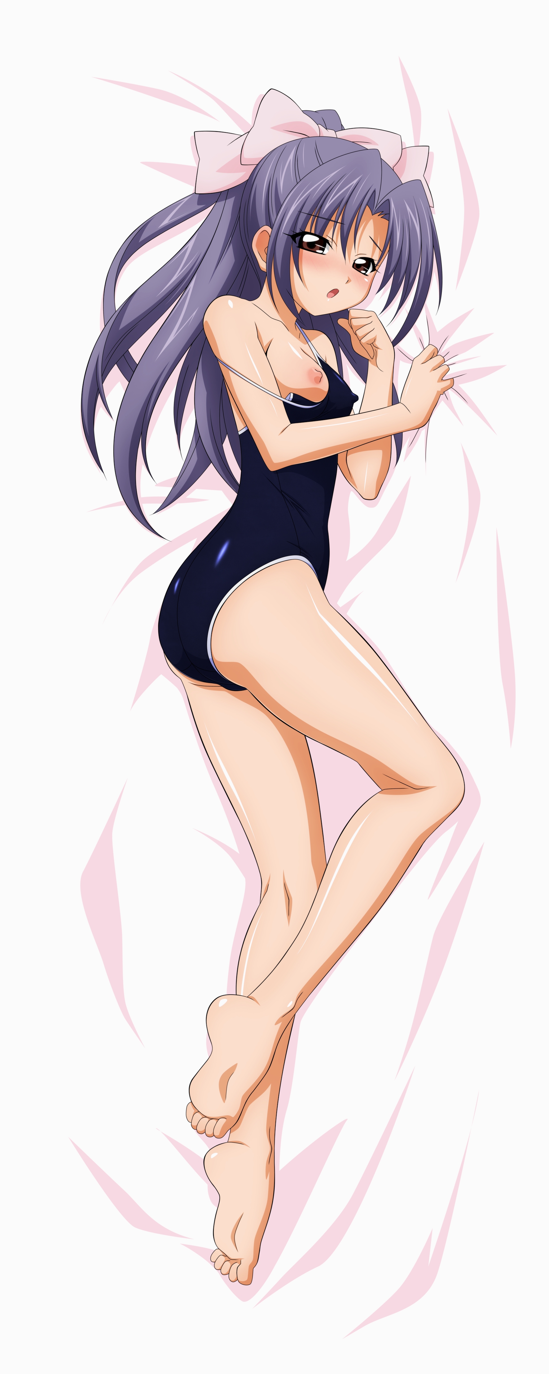 sugimura tomokazu, koigakubo momoko, gakkou no kaidan (anime), absurdres, highres, long image, non-web source, tall image, 00s, 1girl, barefoot, bed, bow, breasts, competition school swimsuit, feet, female focus, full body, nipple slip, nipples, one-piece swimsuit, pink bow, school swimsuit, small breasts, solo, swimsuit