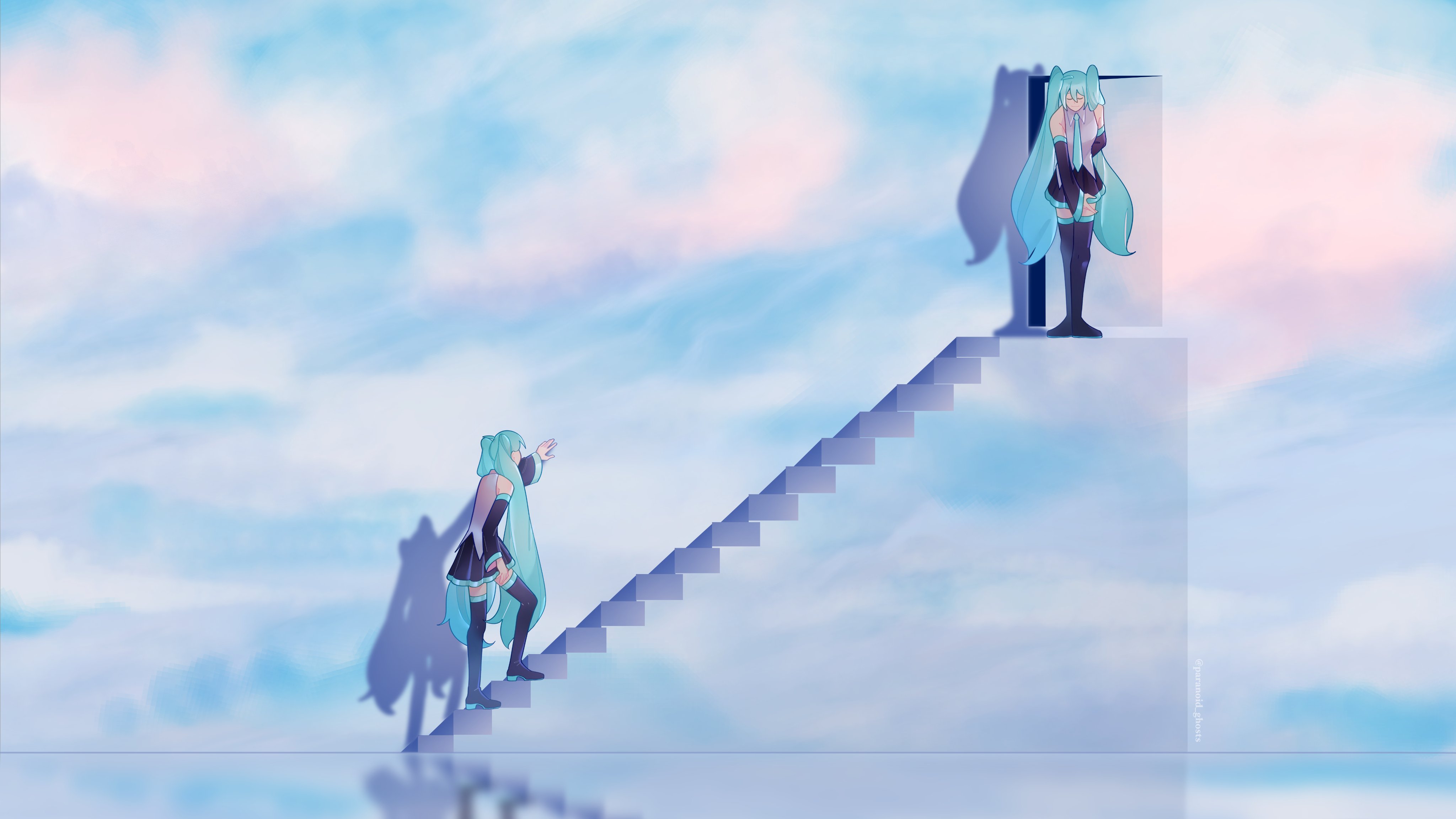 paranoid ghosts, hatsune miku, the truman show, vocaloid, absurdres, commentary, commentary request, english commentary, highres, 1girl, black skirt, bowing, detached sleeves, grey shirt, long hair, multiple views, necktie, pleated skirt, reaching, reflective floor, scene reference, shadow, shirt, skirt, stairs, standing, thighhighs, twintails, very long hair