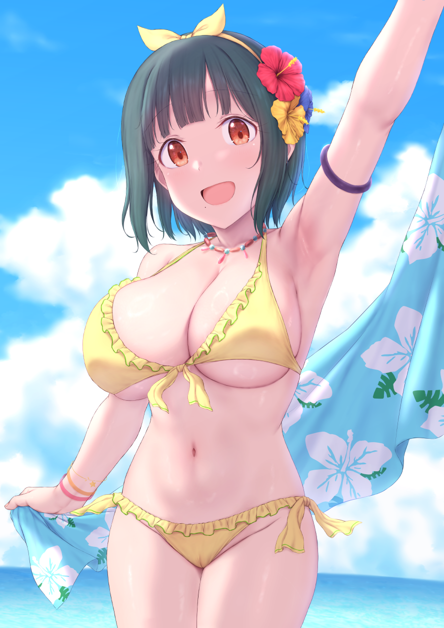 cai geng, otonashi kotori, yellow 4, idolmaster, commentary request, highres, 1girl, armband, bikini, blue sarong, blue sky, breasts, cleavage, cloud, completely nude, day, floral print sarong, flower, frilled bikini, frills, green hair, hair flower, hair ornament, hair ribbon, hibiscus, jewelry, large breasts, looking at viewer, navel, necklace, nude, ocean, open mouth, outdoors, red eyes, red flower, ribbon, sarong, sky, smile, standing, swimsuit, underboob