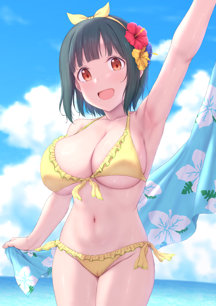 cai geng, otonashi kotori, yellow 4, idolmaster, commentary request, highres, 1girl, bikini, blue sarong, blue sky, breasts, cleavage, cloud, collarbone, completely nude, day, floral print sarong, flower, frilled bikini, frills, green hair, hair flower, hair ornament, hair ribbon, hibiscus, large breasts, looking at viewer, navel, nude, ocean, open mouth, outdoors, red eyes, red flower, ribbon, sarong, sky, smile, standing, swimsuit, underboob