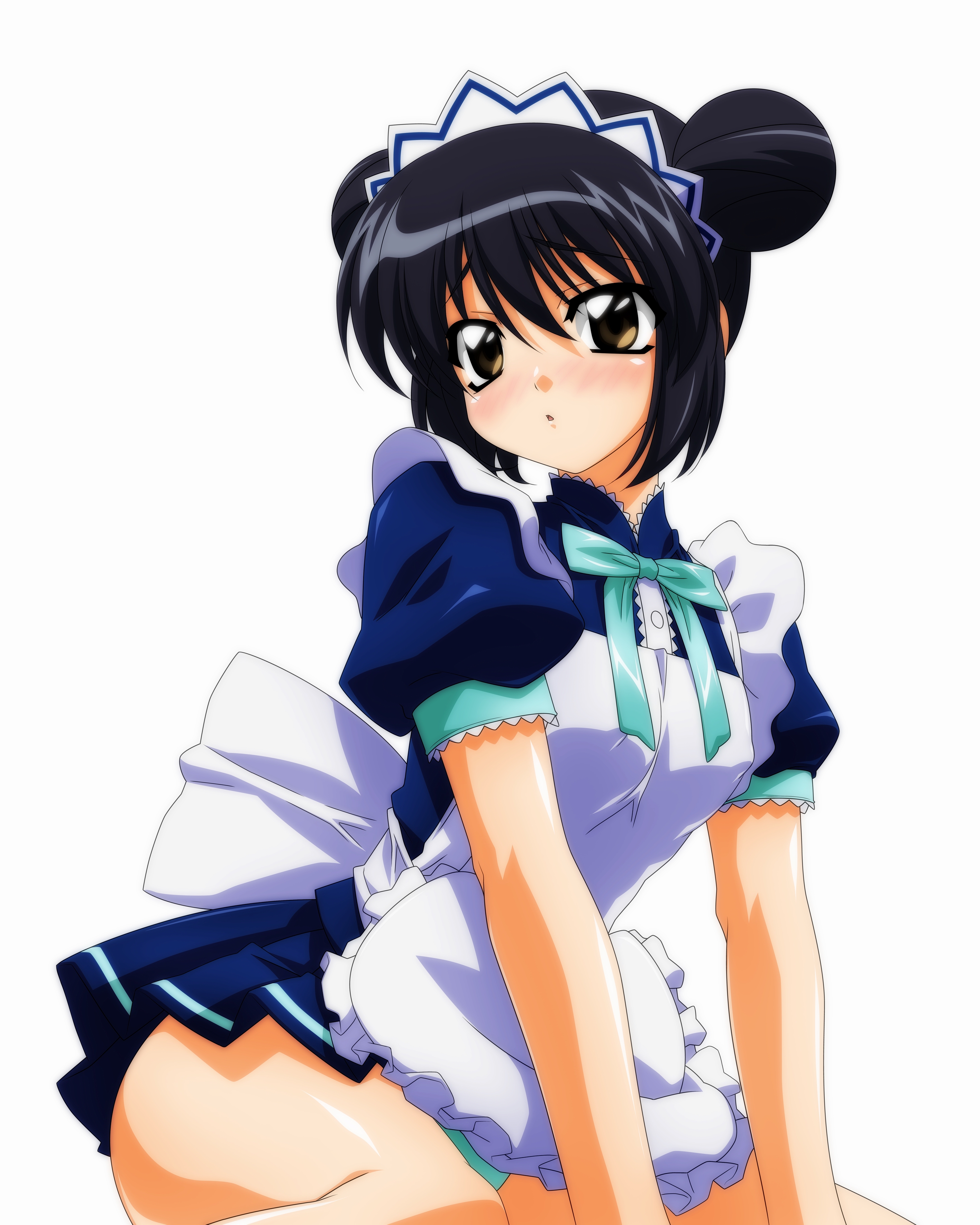 sugimura tomokazu, aizawa mint, tokyo mew mew, pantyshot (kneeling), absurdres, highres, 00s, 1girl, black hair, blush, brown eyes, double bun, kneeling, panties, pantyshot, solo, underwear, waitress