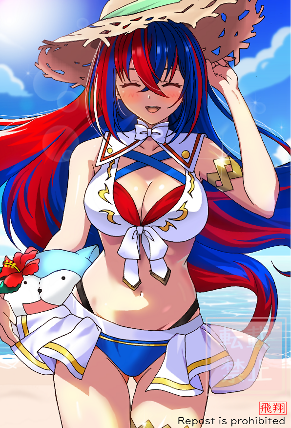 female alear (fire emblem), female alear (seaside dragon) (fire emblem), sommie (fire emblem), fire emblem, fire emblem engage, fire emblem heroes, nintendo, gold armlet, commentary request, 1girl, beach, bikini, blue bikini, blue hair, blue sky, blush, breasts, character ball, cleavage, closed eyes, closed mouth, cloud, collarbone, criss-cross halter, crossed bangs, gluteal fold, gold thighlet, halterneck, hat, large breasts, long hair, looking at viewer, multicolored bikini, multicolored hair, multicolored swimsuit, navel, ocean, official alternate costume, open mouth, outdoors, red bikini, red hair, showgirl skirt, sky, smile, solo, split-color hair, stomach, straw hat, sun, sun hat, swimsuit, tes2w44zagroyj7, thighs, two-tone hair, very long hair, water, white bikini