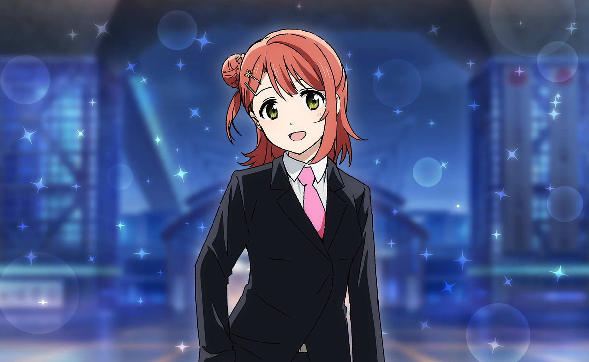 uehara ayumu, love live!, love live! nijigasaki high school idol club, love live! school idol festival 2, commentary, highres, official art, 1girl, anime coloring, black pants, black suit, blunt bangs, blurry, blurry background, blush, bokeh, braid, building, bun with braided base, business suit, cloud, collared shirt, contrapposto, cowboy shot, depth of field, formal clothes, hair bun, hair ornament, half updo, head tilt, long sleeves, looking at viewer, medium hair, necktie, night, night sky, open mouth, pants, pink hair, pink necktie, shirt, single side bun, sky, smile, solo, sparkle, suit, swept bangs, white shirt, yellow eyes