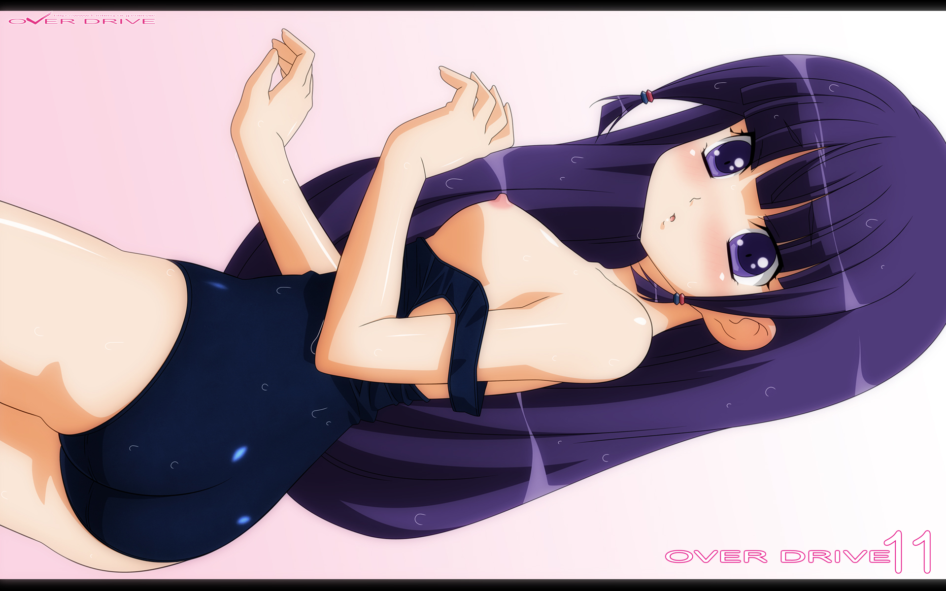 sugimura tomokazu, munakata michiru, utakata, highres, non-web source, 00s, 1girl, blue eyes, blue hair, breasts, female focus, matching hair/eyes, nipples, one-piece swimsuit, school swimsuit, small breasts, solo, swimsuit, wet