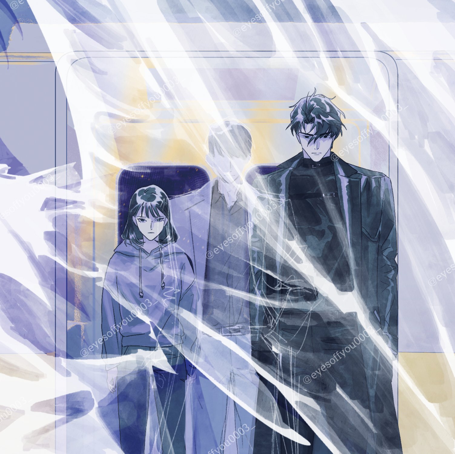 han sooyoung, kim dokja, yoo joonghyuk, omniscient reader's viewpoint, commentary request, highres, korean commentary, 1girl, 2boys, black coat, black hair, black shirt, bob cut, censored, censored identity, coat, curtains, expressionless, eyesoffyou0003, faceless, feet out of frame, hood, hood down, hoodie, looking at viewer, multiple boys, pointless censoring, purple hoodie, serious, shirt, short hair, standing, white coat