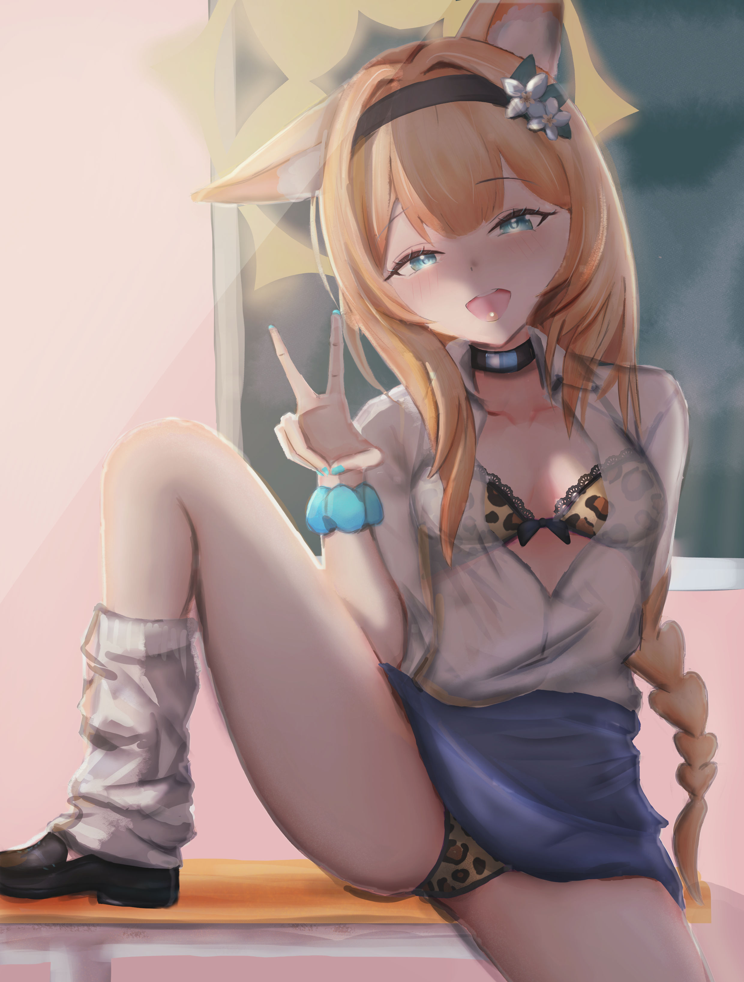 mari (blue archive), blue archive, absurdres, highres, 1girl, animal ear fluff, animal ears, animal print, black choker, black hairband, black shoes, blue eyes, blue nails, blue scrunchie, blue skirt, bra, breasts, cat ears, cat girl, choker, flower, gyaru, hair flower, hair ornament, hairband, halo, leg warmers, leopard print, long braid, long hair, looking at viewer, mizugizoinowaki, open mouth, orange hair, panties, scrunchie, see-through clothes, see-through shirt, shirt, shoes, sidelocks, skirt, solo, teeth, underwear, upper teeth only, v, white flower, white leg warmers, white shirt, wrist scrunchie, yellow bra, yellow halo, yellow panties