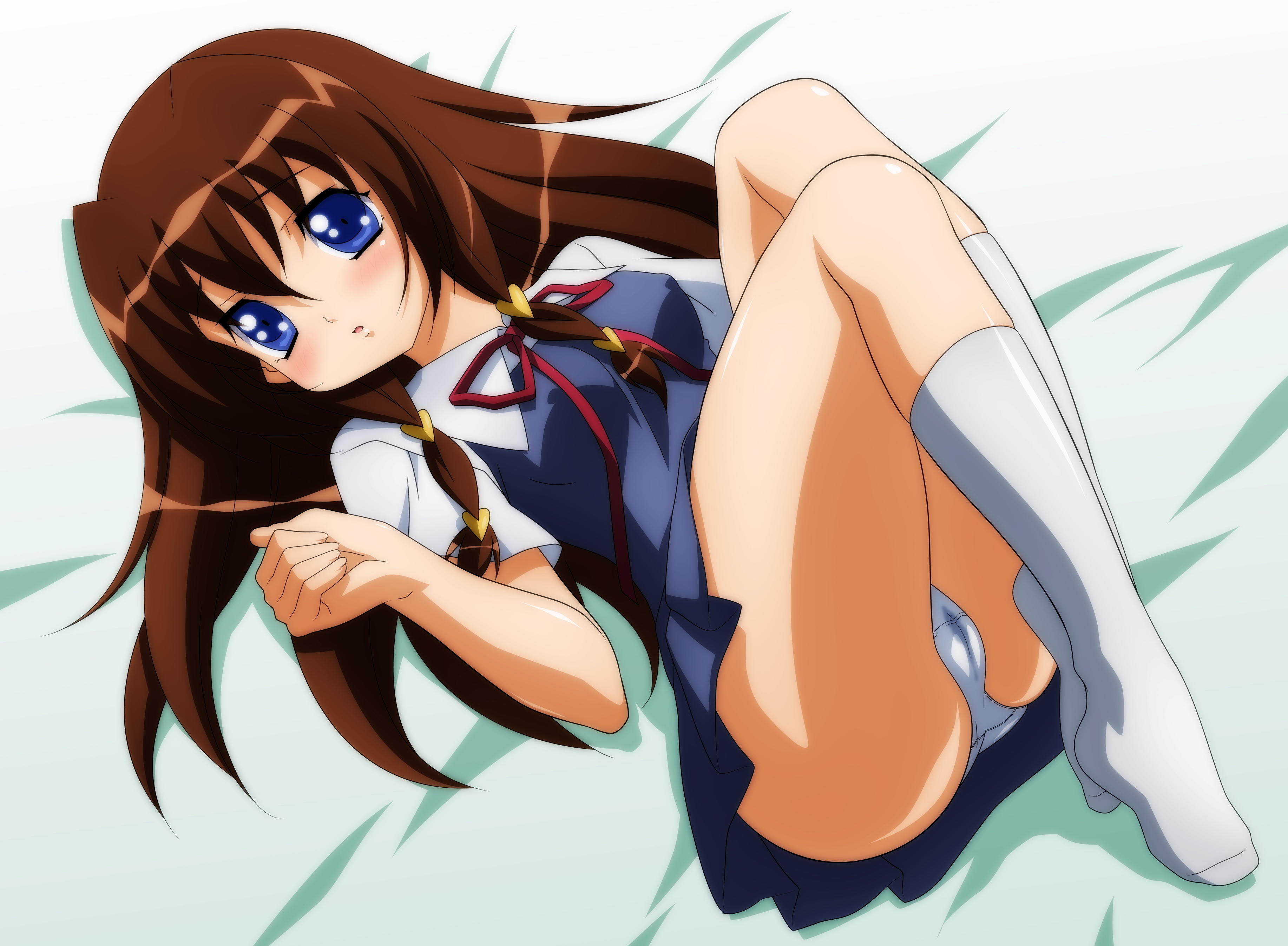sugimura tomokazu, tachibana ichika, utakata, absurdres, highres, non-web source, 00s, 1girl, ass, blue eyes, brown hair, cameltoe, female focus, lying, panties, pantyshot, pussy juice, school uniform, serafuku, socks, solo, underwear, wet, wet clothes, wet panties