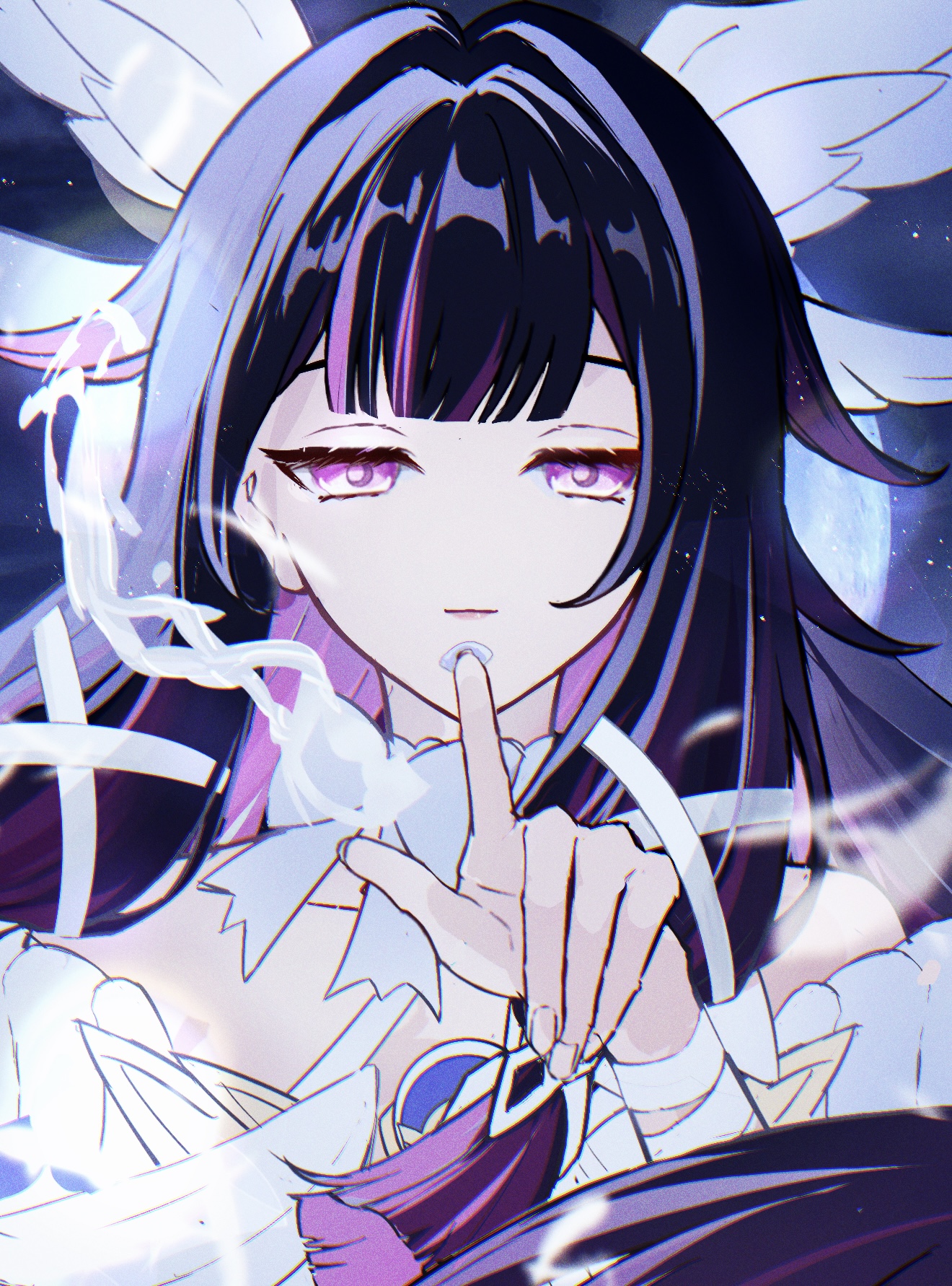 columbina (genshin impact), genshin impact, commentary request, highres, 1girl, angel wings, bare shoulders, blunt bangs, closed mouth, collarbone, corno 1tume, dress, feathered wings, full moon, gradient hair, hair intakes, hand up, head wings, holding, index finger raised, jewelry, light particles, long hair, looking at viewer, moon, moonlight, multicolored hair, night, night sky, pendant, pink lips, purple eyes, purple hair, reaching, reaching towards viewer, ribbon, sky, solo, standing, star (sky), starry sky, streaked hair, upper body, white dress, white ribbon, wings