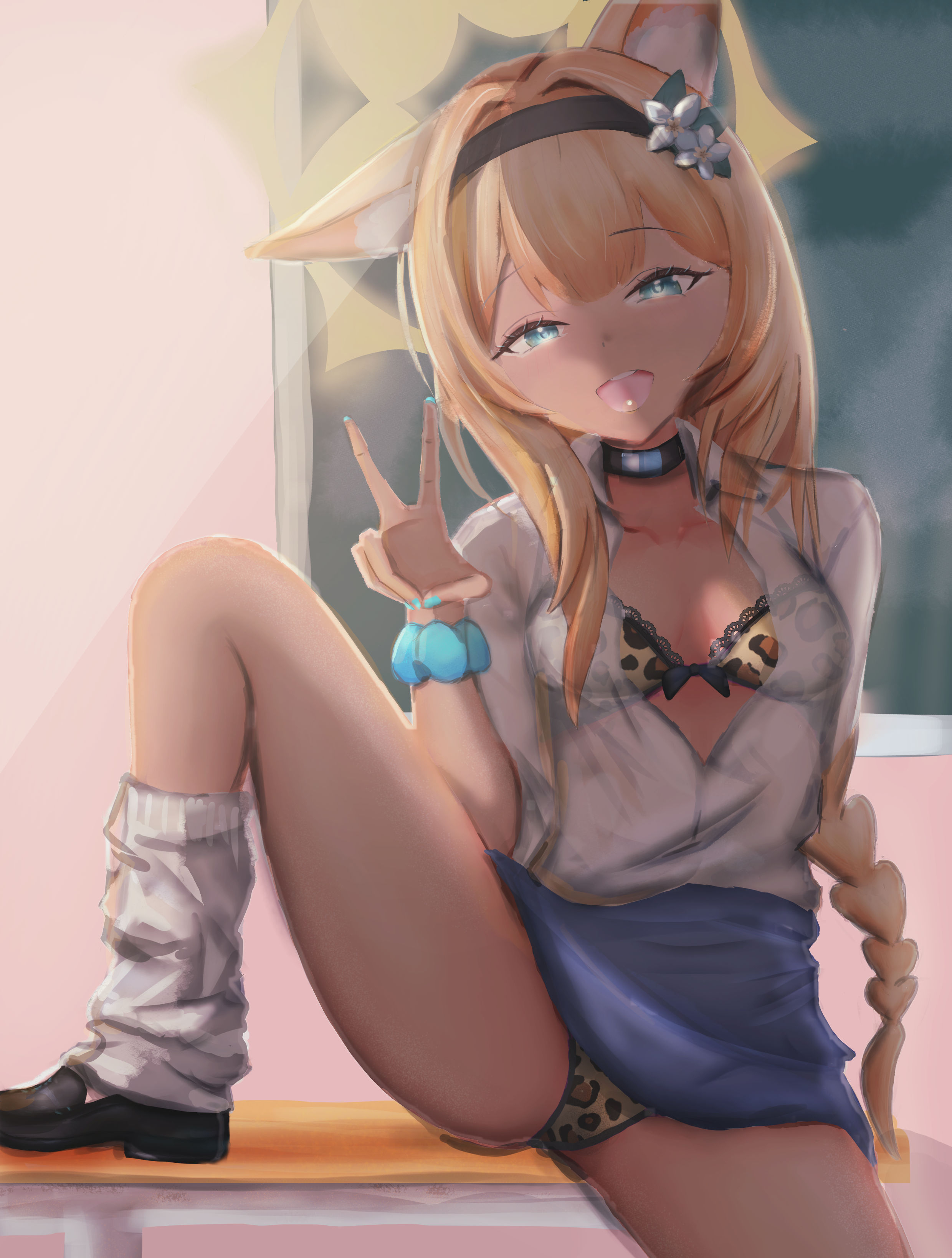 mari (blue archive), blue archive, absurdres, highres, 1girl, animal ear fluff, animal ears, animal print, black choker, black hairband, black shoes, blue eyes, blue nails, blue scrunchie, blue skirt, bra, breasts, cat ears, cat girl, choker, dark-skinned female, dark skin, flower, gyaru, hair flower, hair ornament, hairband, halo, leg warmers, leopard print, long braid, long hair, looking at viewer, mizugizoinowaki, open mouth, orange hair, panties, scrunchie, see-through clothes, see-through shirt, shirt, shoes, sidelocks, skirt, solo, teeth, underwear, upper teeth only, v, white flower, white leg warmers, white shirt, wrist scrunchie, yellow bra, yellow halo, yellow panties