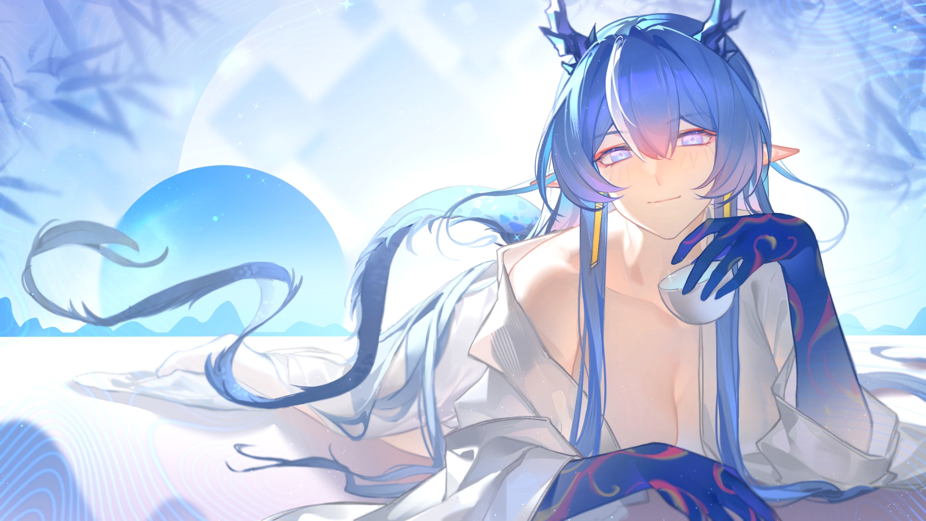 ling (arknights), arknights, chinese commentary, commentary request, highres, unfinished, 1girl, blue hair, breasts, cleavage, closed mouth, collarbone, colored extremities, dragon girl, dragon horns, dragon tail, drink, elevation contour lines, glint, hair between eyes, holding, holding drink, horns, japanese clothes, kimono, light blush, light particles, long hair, looking at viewer, lying, medium breasts, no bra, pink eyes, pointy ears, san jin (xinjinjumin1962849), smile, solo, tail, white kimono