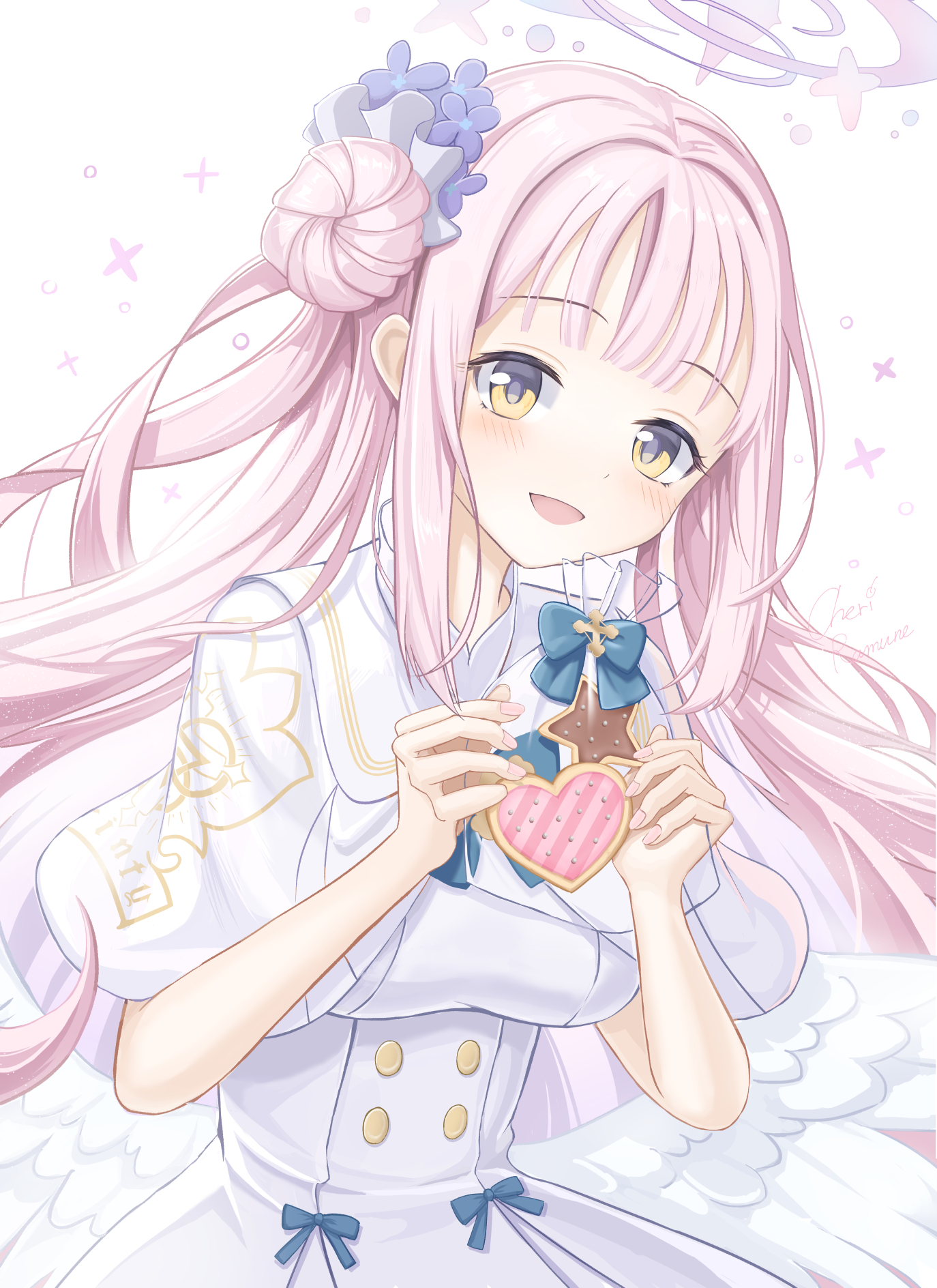 mika (blue archive), blue archive, highres, 1girl, angel wings, bag, blue bow, blush, bow, capelet, cookie, dessert, dress, feathered wings, flower, food, gold trim, hair bun, hair flower, hair ornament, halo, heart, heart-shaped cookie, heart-shaped food, holding, long hair, low wings, multiple girls, open mouth, pink hair, pink halo, pink nails, simple background, single hair bun, single side bun, smile, solo, star-shaped cookie, star-shaped food, star (symbol), sweets, utasoyu illustration, very long hair, white background, white capelet, white dress, white wings, wings, yellow eyes