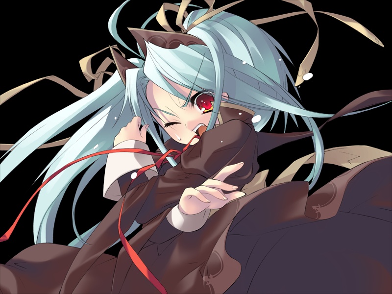 ito noizi, death-sensei, peace@pieces, game cg, 1girl, blue hair, female focus, red eyes, simple background, solo