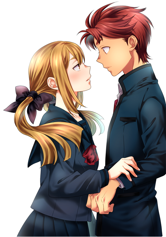 ikuhashi muiko, koujiro frau, yashio kaito, robotics;notes, science adventure, 1boy, 1girl, blazer, blonde hair, blue jacket, blue pants, blue sailor collar, blush, bow, chuo tanegashima high school uniform, eye contact, hand on another's chest, hetero, jacket, long hair, long sleeves, looking at another, pants, pleated skirt, red hair, sailor collar, school uniform, short hair, simple background, skirt, twintails, two side up, white background, winter uniform
