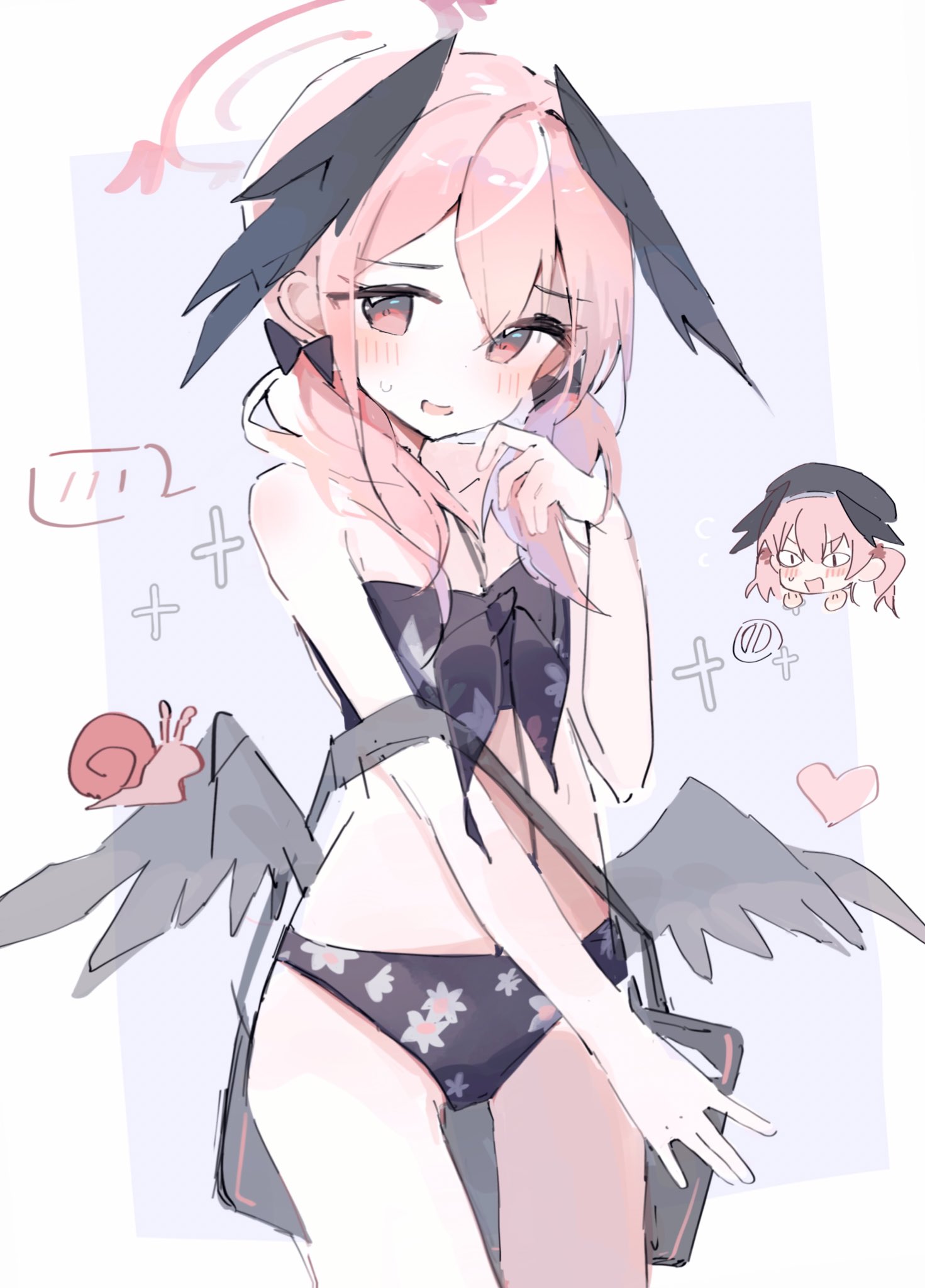 kiri y, koharu (blue archive), koharu (swimsuit) (blue archive), blue archive, highres, <|> <|>, 1girl, bag, beret, bikini, black bikini, black bow, black hat, black wings, blush, bow, chibi, chibi inset, cowboy shot, feathered wings, flat chest, floral print, front-tie bikini top, front-tie top, hair bow, halo, hat, head wings, long hair, looking at viewer, low twintails, low wings, official alternate costume, open mouth, pink eyes, pink hair, pink halo, print bikini, snail, solo, spoken blush, swimsuit, twintails, wings