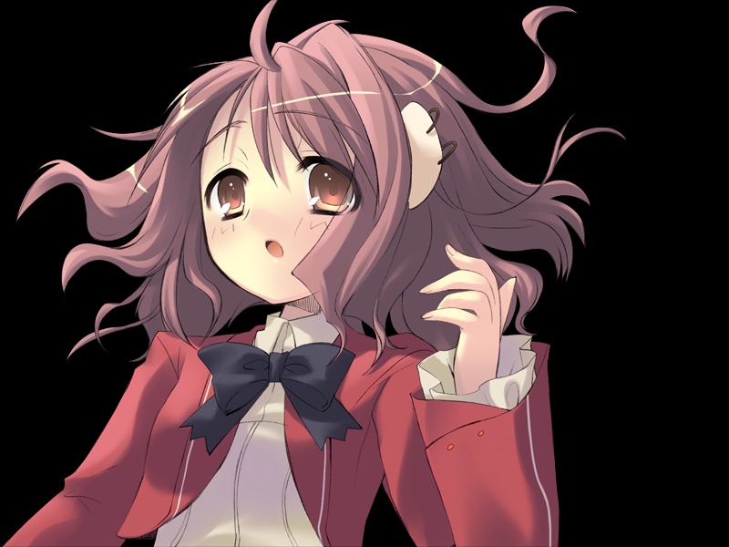 ito noizi, takanashi homare, peace@pieces, game cg, 1girl, :o, ahoge, animal ears, black background, black bow, black bowtie, blush, bow, bowtie, brown eyes, brown hair, female focus, long sleeves, open mouth, orange eyes, red hair, simple background, solo, upper body