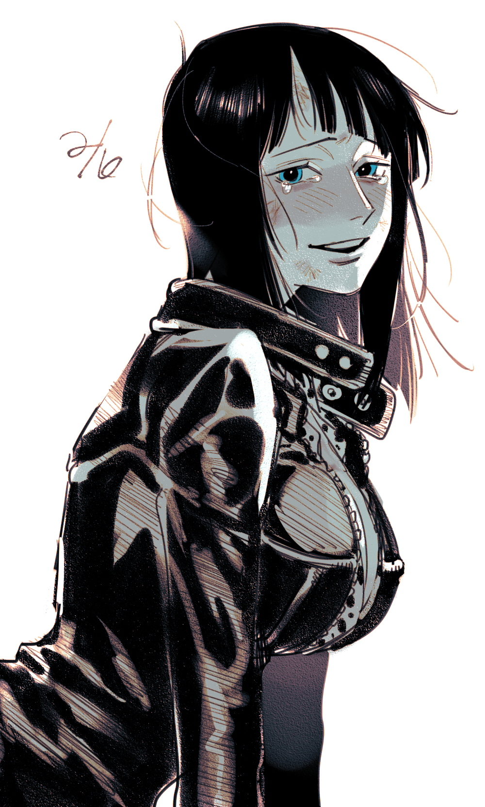 chanko neru, nico robin, one piece, commentary, highres, symbol-only commentary, 1girl, blue eyes, blunt bangs, blush, leather dress, long sleeves, looking at viewer, medium hair, smile, solo, spot color, tears, upper body