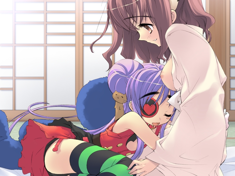 ito noizi, takanashi homare, yamada maririn, peace@pieces, striped legwear, game cg, 2girls, breasts, eyepatch, heart, hug, medium breasts, multiple girls, nipples, thighhighs