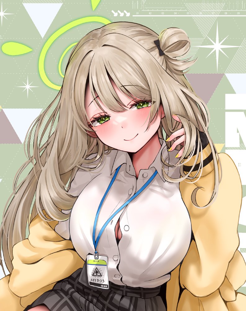narushima kanna, nonomi (blue archive), blue archive, 1girl, black skirt, blush, breasts, brown hair, cardigan, closed mouth, collared shirt, green eyes, green halo, hair ornament, halo, hand up, id card, jacket, large breasts, long hair, looking at viewer, open clothes, shirt, skirt, smile, solo, white shirt, yellow cardigan