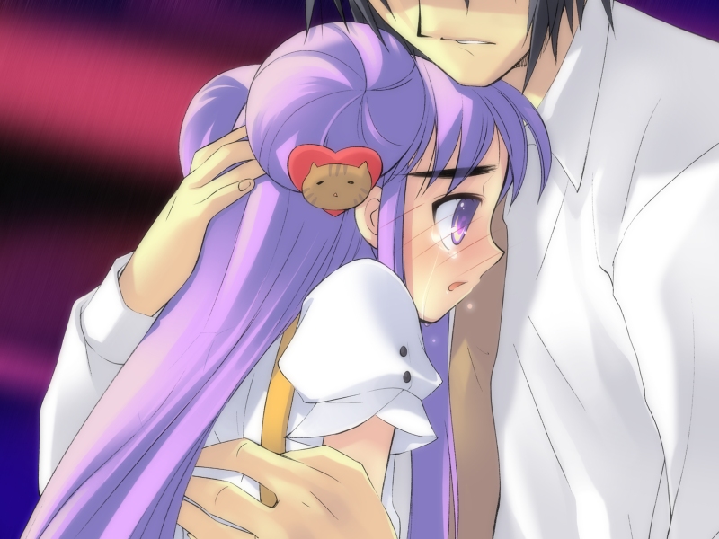 ito noizi, murakami hisato, yamada maririn, peace@pieces, game cg, 1boy, 1girl, blush, comforting, hand on another's head, hug, purple eyes, purple hair, tears
