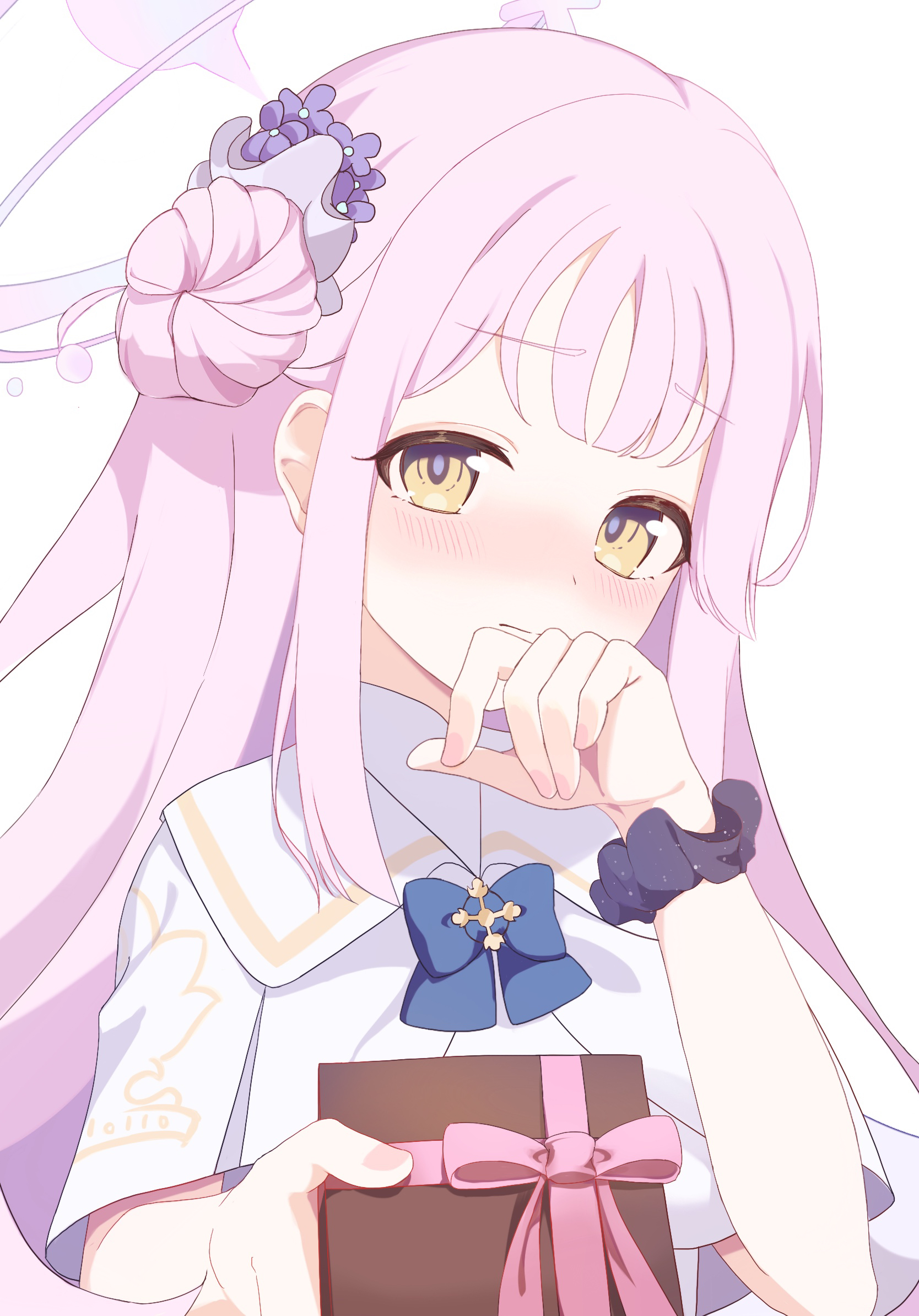 shirowa (user mtgv4455), mika (blue archive), blue archive, highres, 1girl, blue bow, blush, bow, box, closed mouth, dress, flower, gift, gift box, gold trim, hair bun, hair flower, hair ornament, halo, holding, holding gift, incoming gift, long hair, pink hair, pink halo, pink ribbon, ribbon, scrunchie, simple background, single hair bun, single side bun, solo, valentine, very long hair, white background, white dress, wrist scrunchie, yellow eyes
