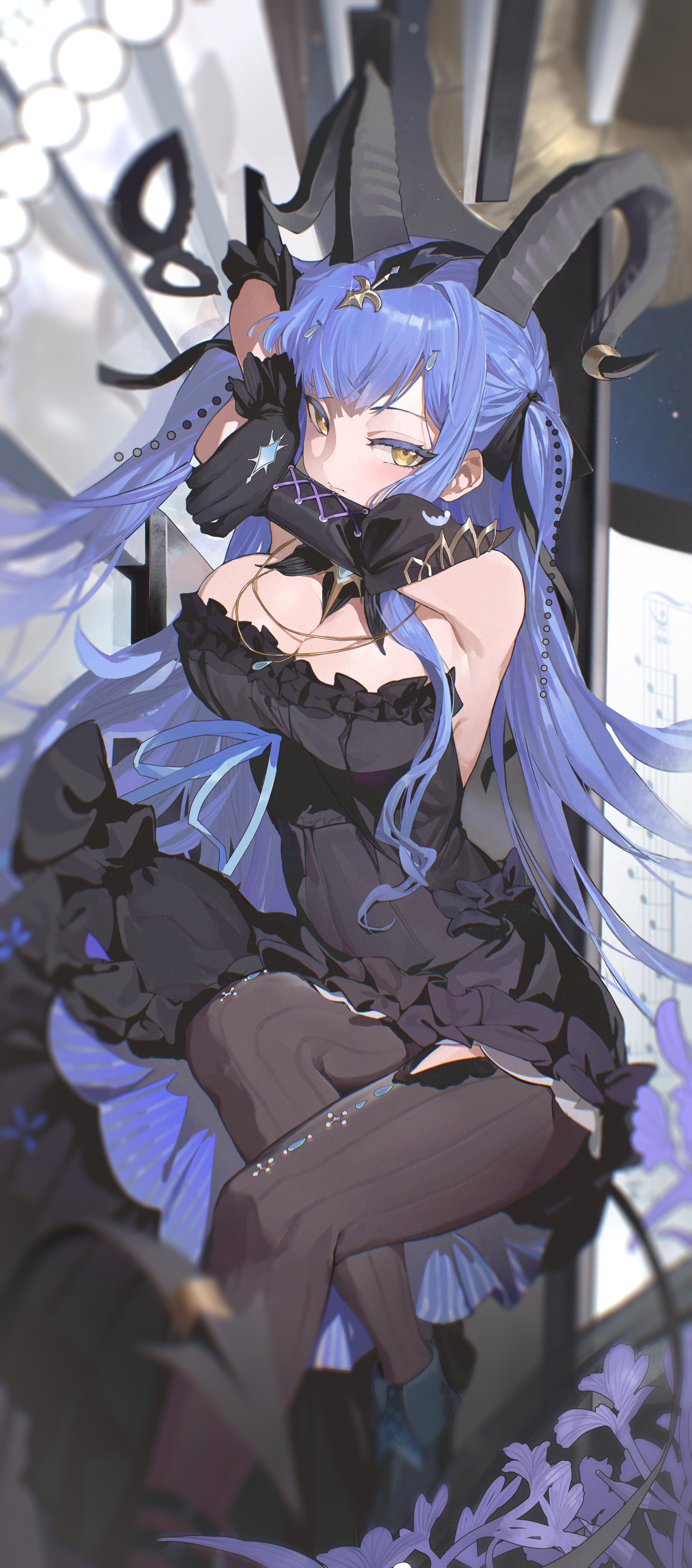 berserker r, togawa sakiko, arknights, bang dream!, bang dream! it's mygo!!!!!, absurdres, commentary request, highres, 1girl, armpits, bare shoulders, black dress, black gloves, black horns, black thighhighs, blue gemstone, blue hair, blurry, blush, boots, breasts, cleavage, closed mouth, criss-cross strings, crossed arms, curled horns, demon horns, depth of field, detached sleeves, dress, flower, frilled dress, frills, gem, glint, gloves, hair spread out, head on arm, headpiece, high heel boots, high heels, horn ornament, horn ring, horns, instrument, jewelry, large breasts, light particles, long hair, looking at viewer, lying, mask, masquerade mask, musical note, necklace, on piano, on side, phonograph, piano, piano keys, sheet music, sidelocks, solo, tail, thighhighs, thighs, togawa sakiko (master of melodia), two side up, unworn mask, very long hair, yellow eyes