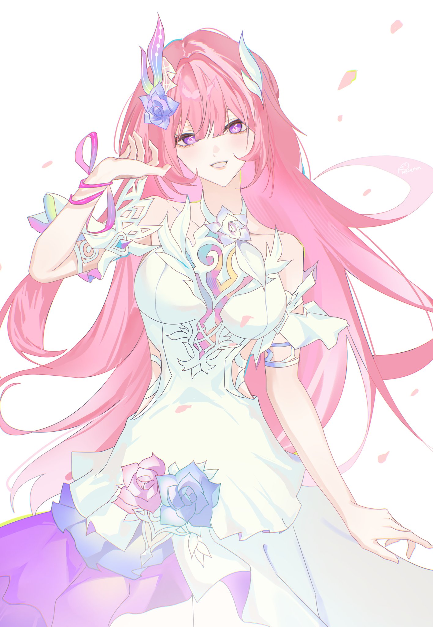 cyrene (honkai: star rail), cyrene (ripples of past reverie) (honkai: star rail), honkai: star rail, honkai (series), hashtag-only commentary, highres, revision, 1girl, bare shoulders, breasts, detached sleeves, diamond-shaped pupils, diamond (shape), dress, falling petals, flower, hair flower, hair ornament, large breasts, long hair, neralthys, parted lips, petals, pink hair, purple eyes, simple background, smile, solo, symbol-shaped pupils, very long hair, white background, white dress