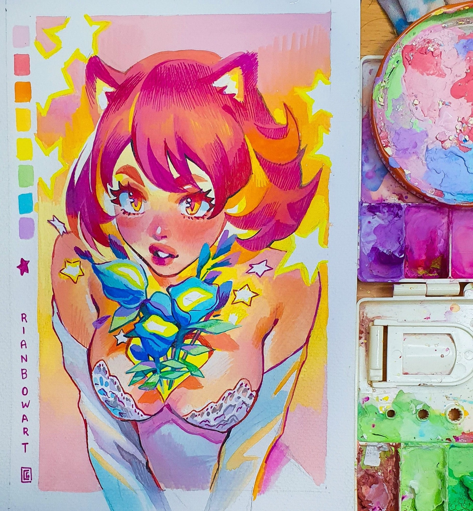 rian gonzales, original, commentary, english commentary, gouache (medium), highres, painting (medium), photo (medium), traditional media, watercolor (medium), 1girl, animal ears, art tools in frame, artist name, bare shoulders, breasts, flower, large breasts, medium hair, orange eyes, parted lips, pink hair, solo, star (symbol)