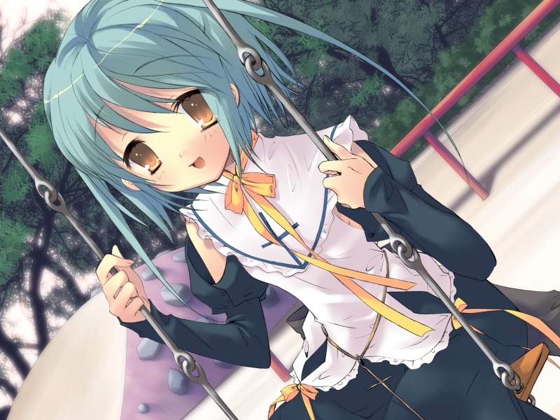 ito noizi, anzu, peace@pieces, game cg, 1girl, :d, aqua hair, black dress, blue hair, blush, brown eyes, cowboy shot, cross, day, dress, dutch angle, female focus, long sleeves, looking at viewer, on swing, open mouth, outdoors, park, ponytail, short hair, smile, solo, swing, yellow eyes