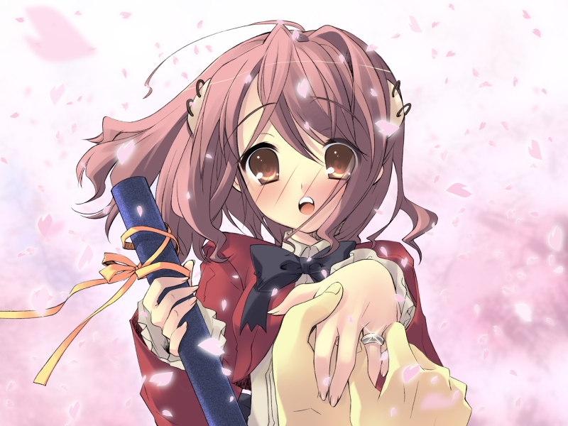 ito noizi, takanashi homare, peace@pieces, game cg, 1girl, ahoge, blouse, cherry blossoms, collared shirt, diploma, female focus, glint, graduation, holding, holding diploma, jewelry, putting on jewelry, ring, shirt, solo, solo focus, surprised, swept bangs, white shirt