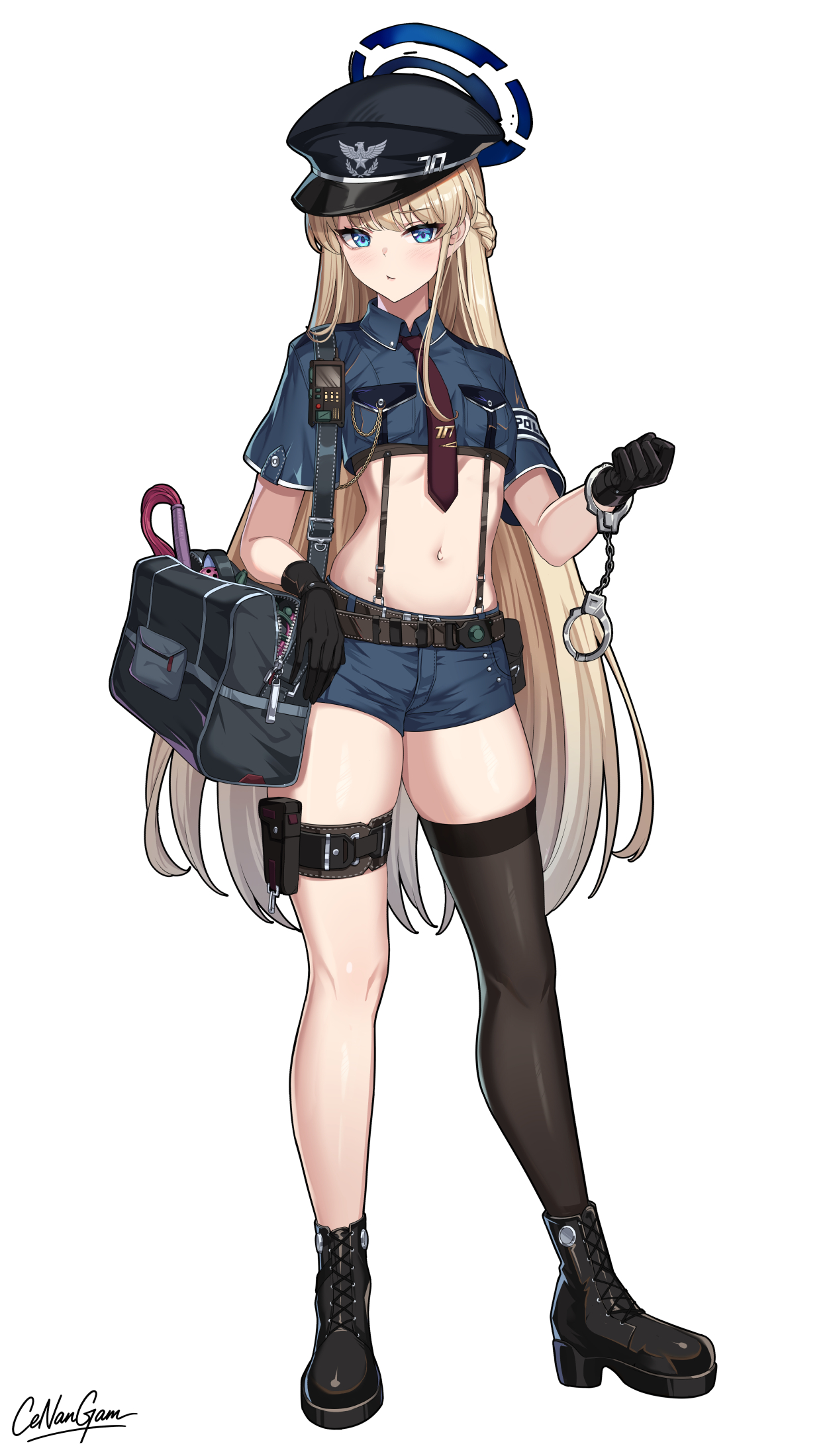 cenangam, toki (blue archive), blue archive, highres, 1girl, alternate costume, ankle boots, artist name, bag, black bag, black boots, black gloves, black hat, black thighhighs, blonde hair, blue eyes, blue halo, blue shorts, blush, boots, breasts, closed mouth, cuffs, full body, gloves, halo, handcuffs, hat, long hair, looking at viewer, navel, necktie, official alternate hairstyle, police, police uniform, short shorts, short sleeves, shorts, shoulder bag, simple background, single thighhigh, small breasts, solo, standing, stomach, thigh strap, thighhighs, thighs, white background