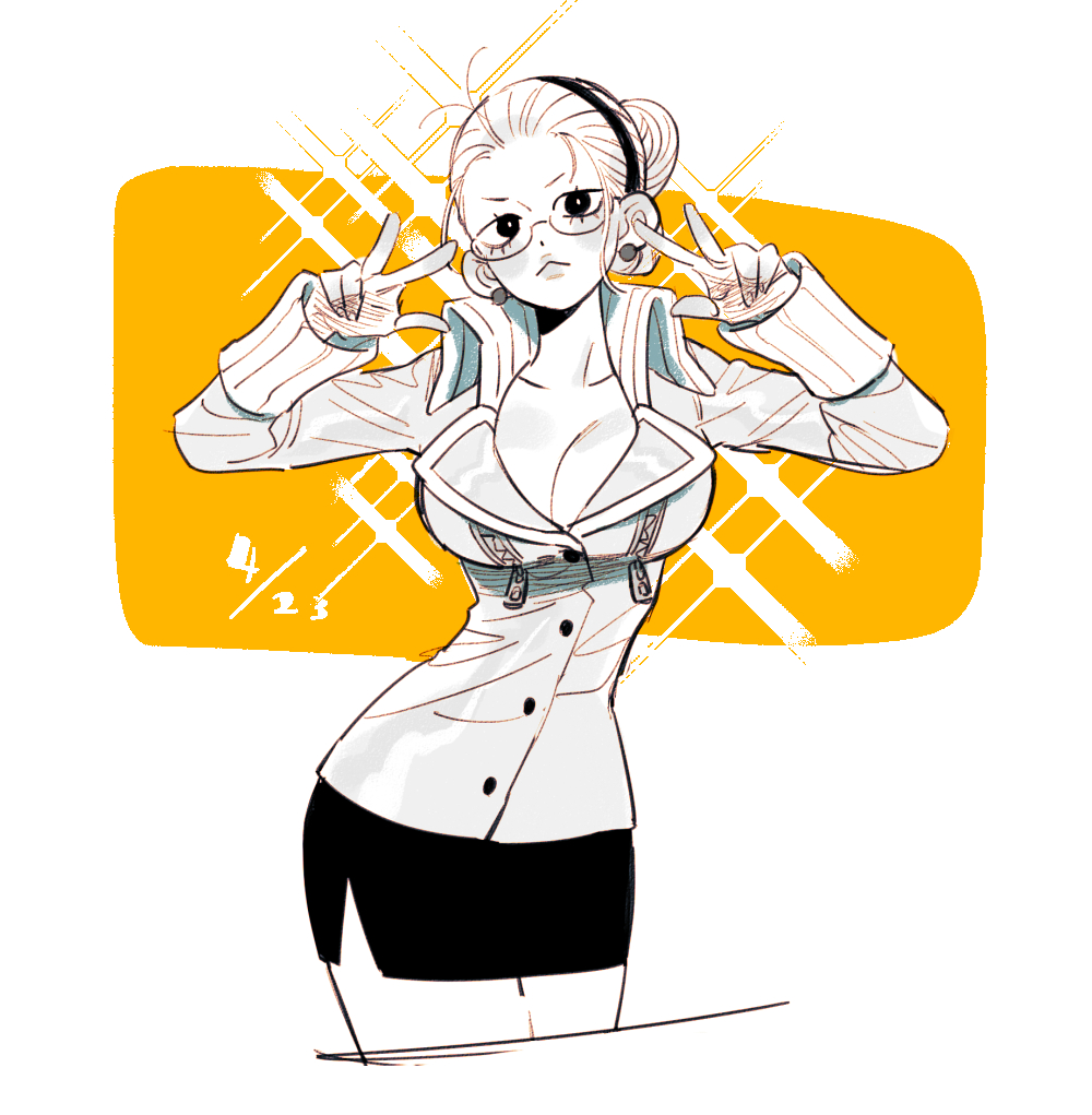 chanko neru, kalifa (one piece), one piece, commentary request, 1girl, breasts, cleavage, closed mouth, collared jacket, double v, earrings, glasses, greyscale with colored background, hair bun, hairband, jacket, jewelry, lower eyelashes only, pearl earrings, skirt, solo, sparkle, v