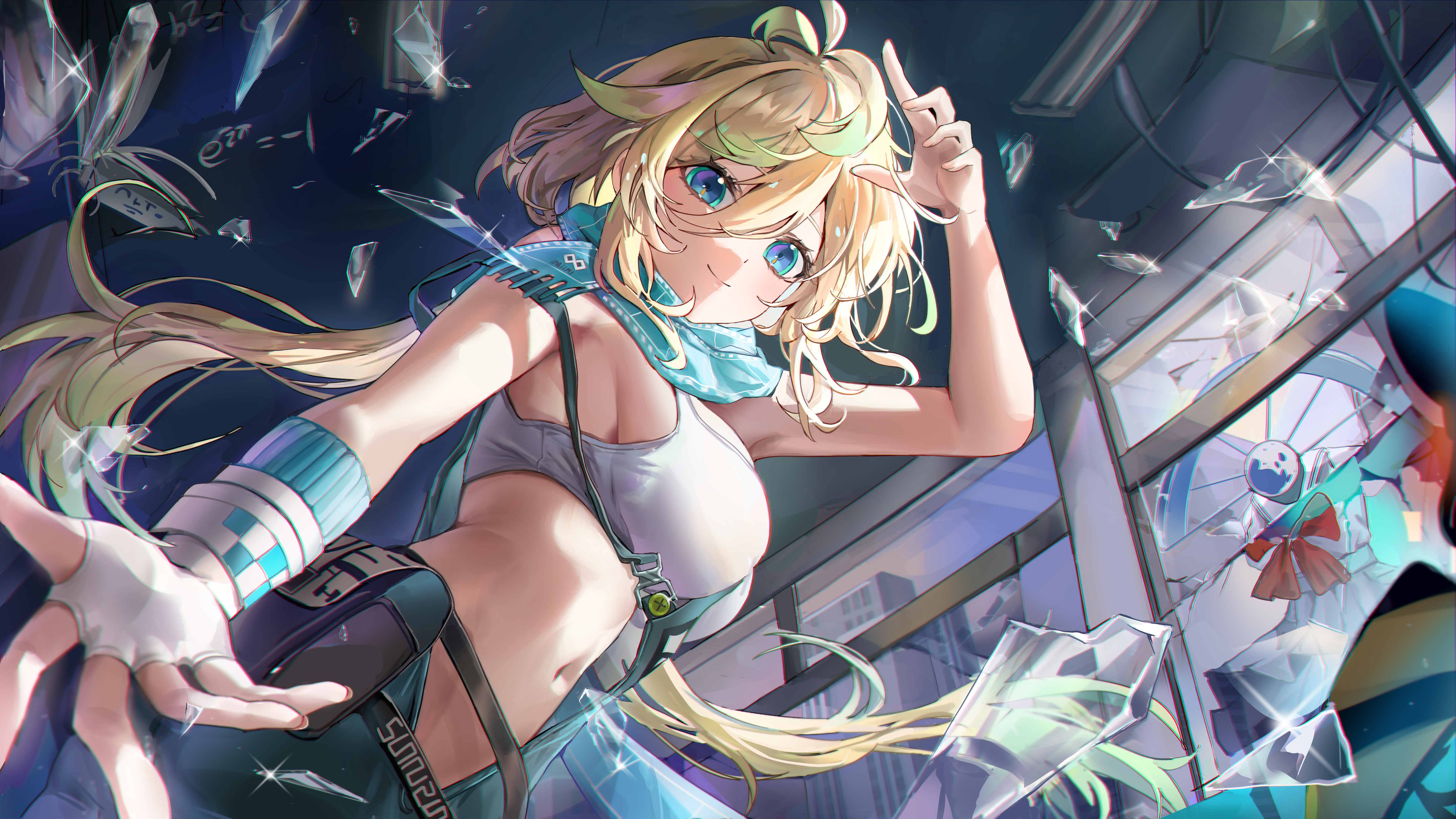 mungduck, chasing kaleidorider, absurdres, commentary request, highres, 1girl, antenna hair, arm up, bare shoulders, blonde hair, blue eyes, blue scarf, breasts, closed mouth, crop top, fingerless gloves, fringe trim, gloves, hair between eyes, large breasts, long hair, looking at viewer, low ponytail, midriff, navel, outstretched arm, ponytail, prome (chasing kaleidorider), scarf, shirt, single glove, sleeveless, sleeveless shirt, smile, solo, stomach, upper body, very long hair, white gloves, white shirt