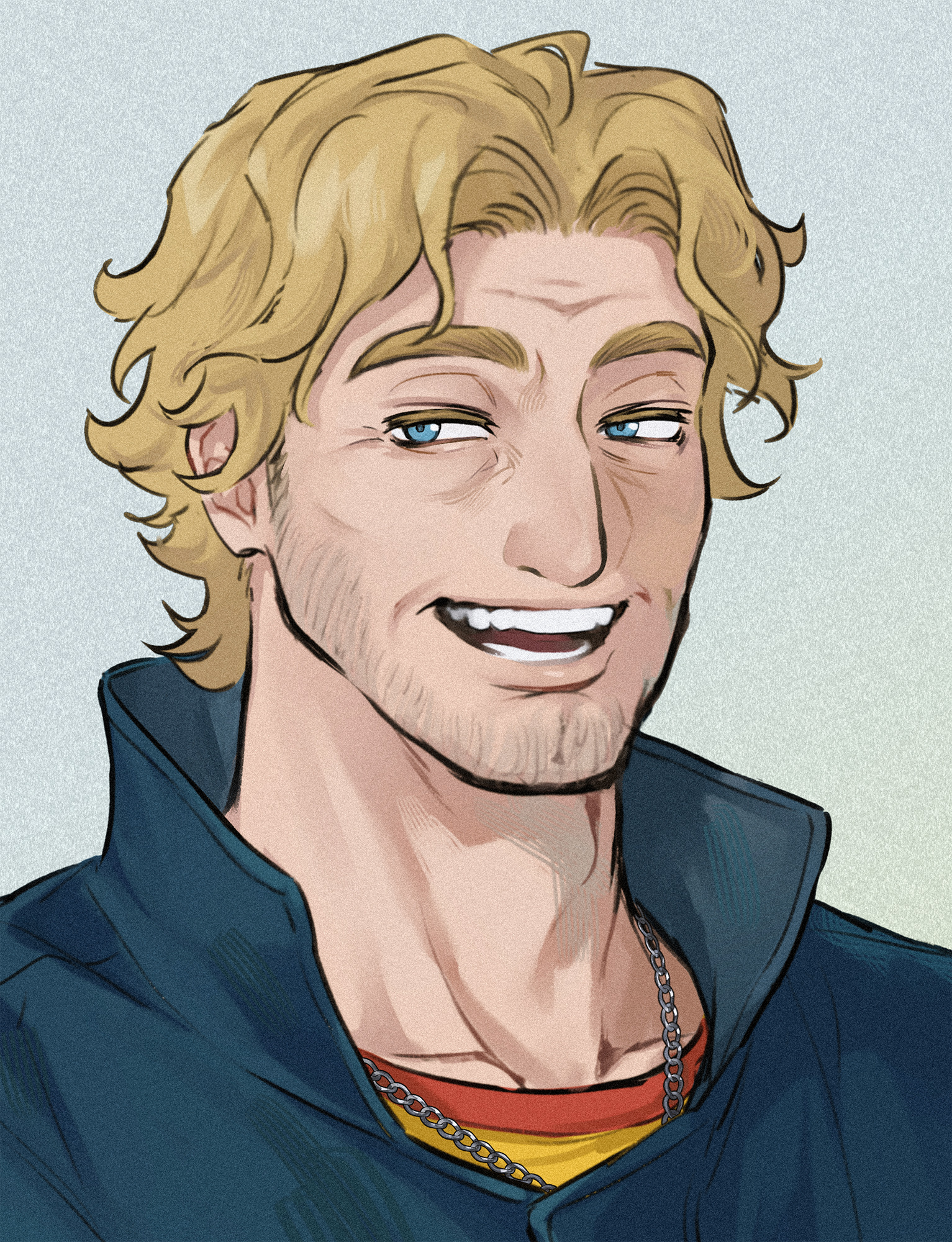 setuyuyu, curly (mouthwashing), curly (pre-crash) (mouthwashing), mouthwashing, highres, 1boy, :d, blonde hair, blue coat, blue eyes, chain, chain necklace, coat, curly hair, curtained hair, facial hair, goatee stubble, jewelry, looking to the side, male focus, necklace, open mouth, popped collar, portrait, shirt, smile, solo, stubble, wrinkled skin, yellow shirt
